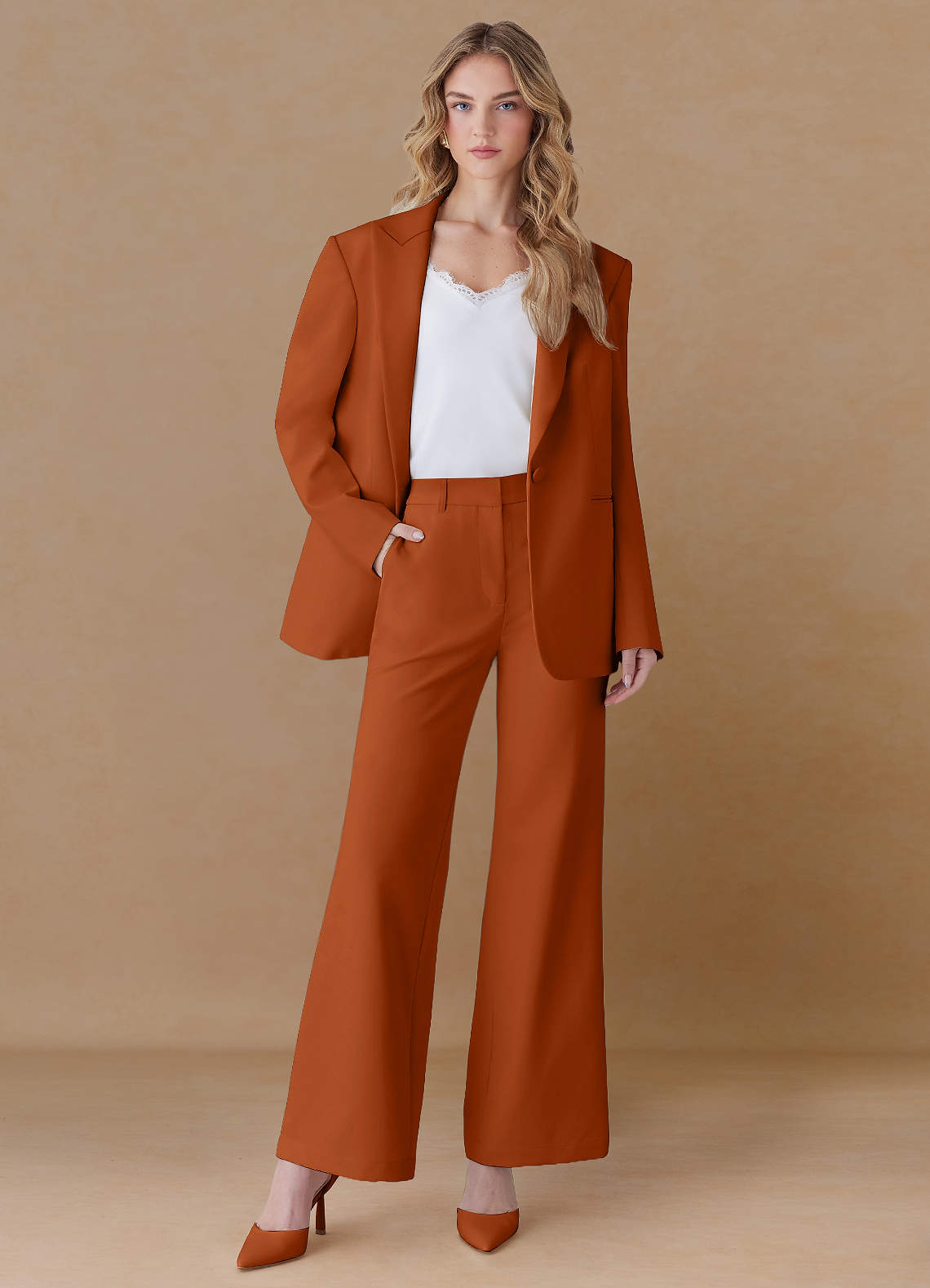 front Amelia Burnt Orange Refined Weave Performance Oversized Blazer