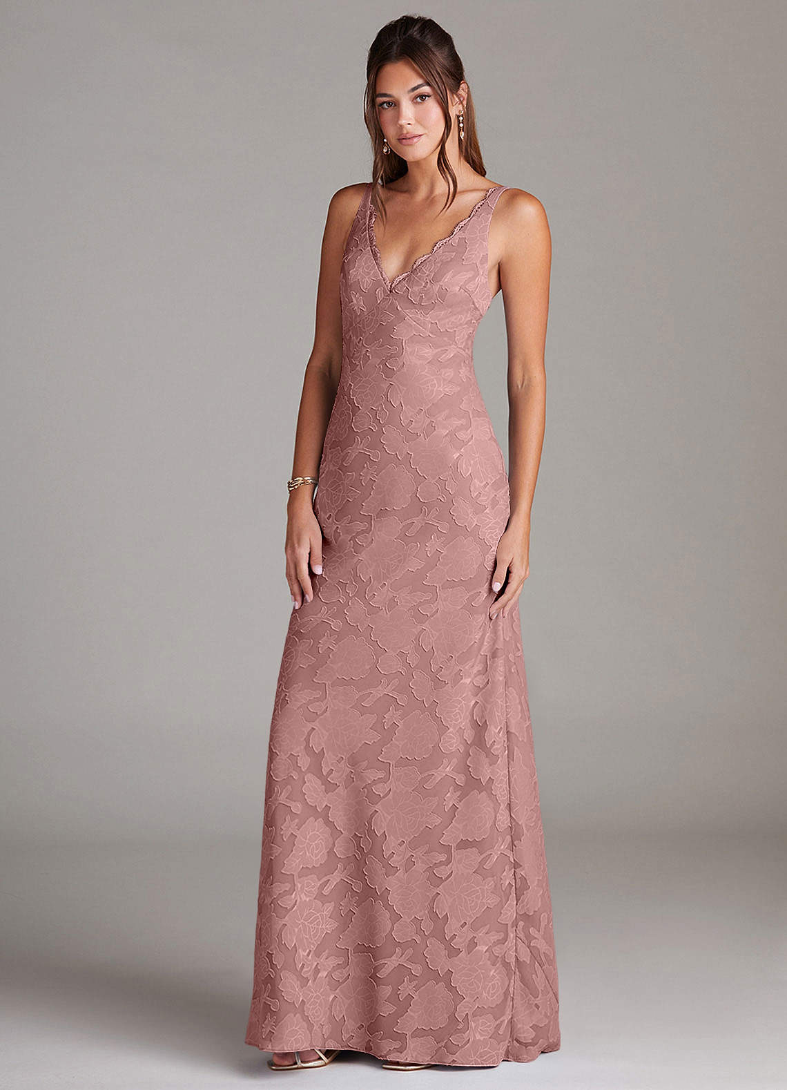 Azazie Tianna Bridesmaid Dresses Dusty Rose Sheath Lace Floral Burnout Dress image3