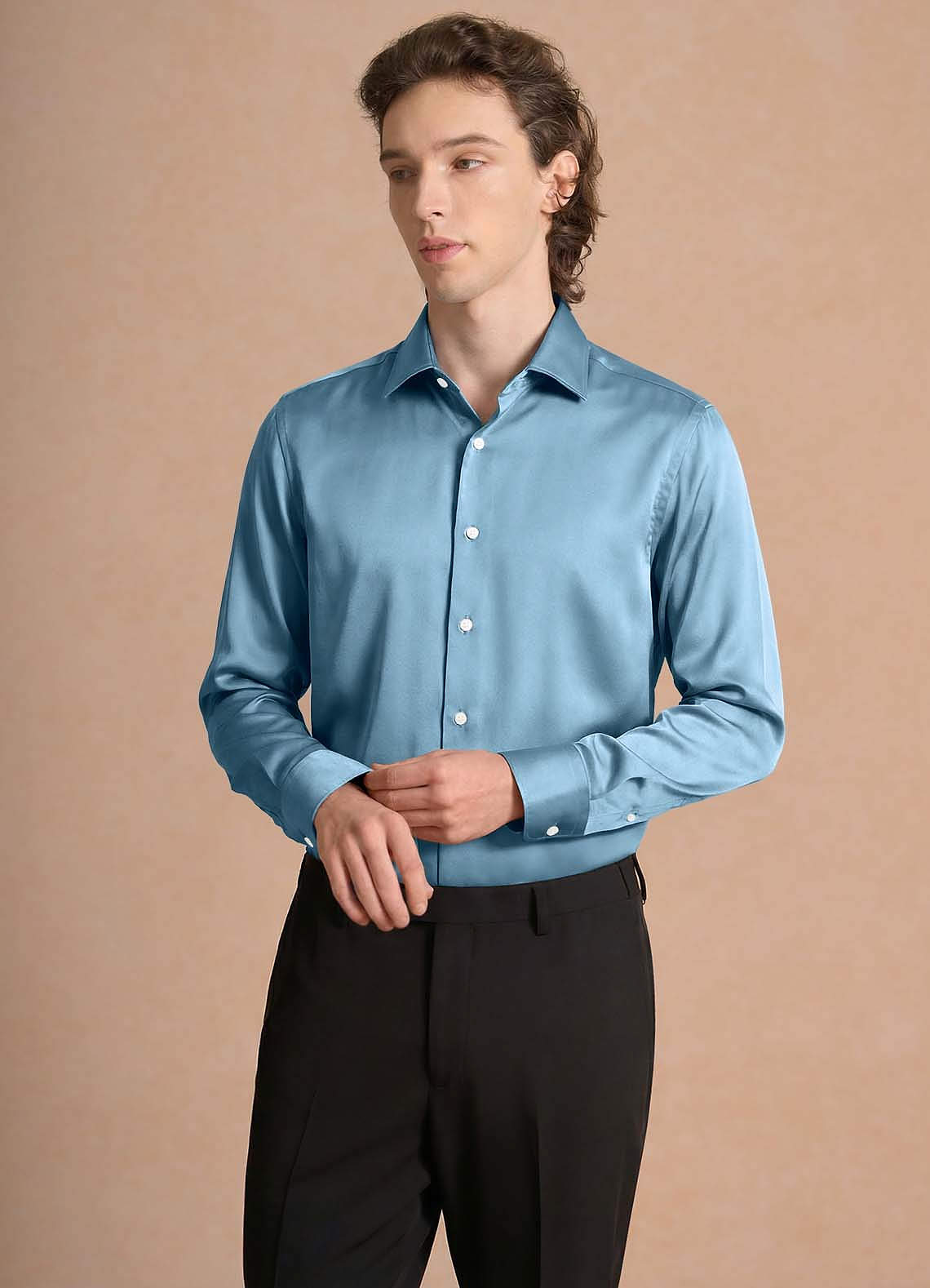 Julian Steel Blue Stretch Satin Dress Shirt | Sleeve 34/35 Classic Dress  Shirts | Azazie