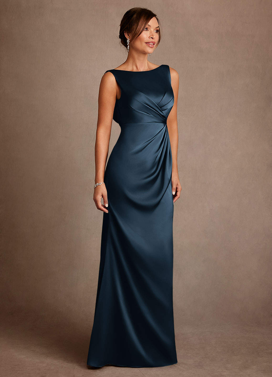 Azazie Baltimore Dark Navy A-Line Pleated Stretch Satin Dress | Azazie