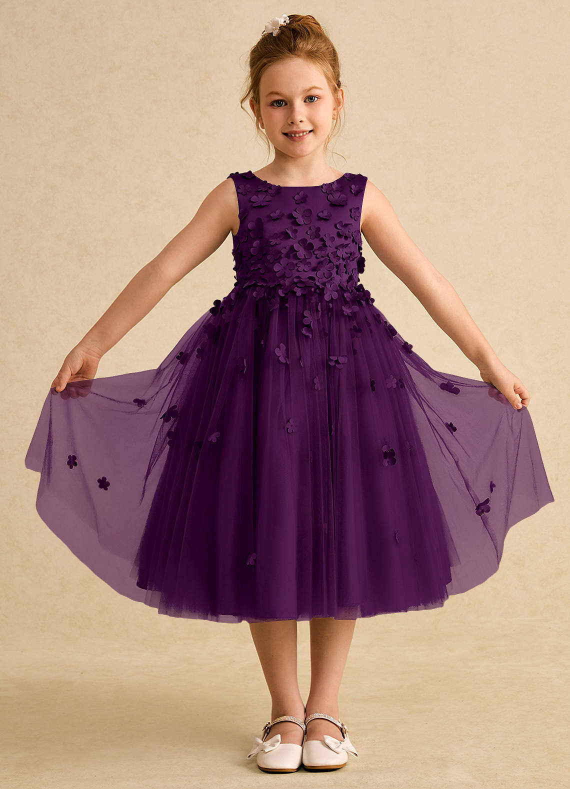 Azazie Lana Flower Girl Dresses Grape A-Line Sleeveless Matte Satin Dress image1