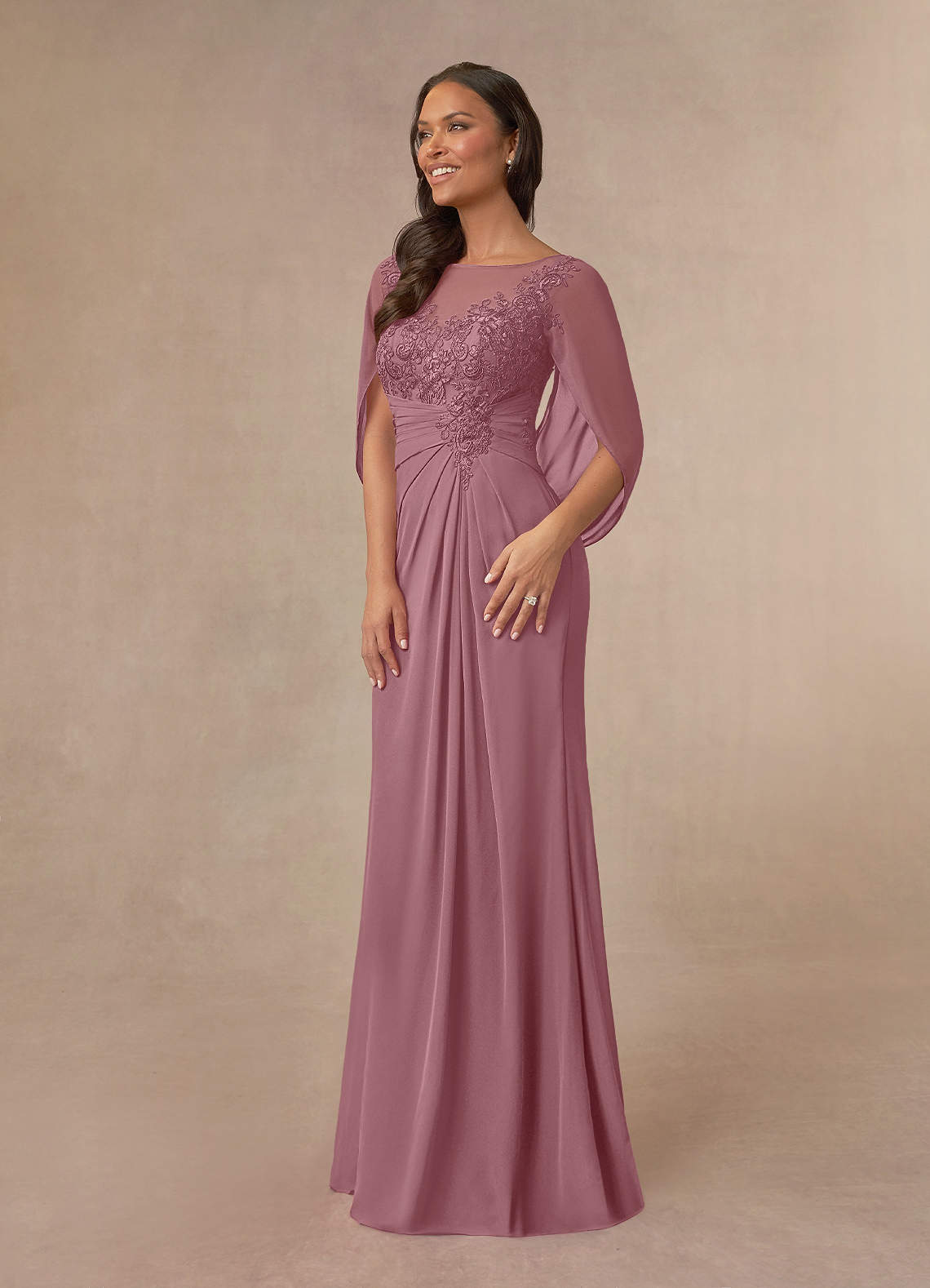 Azazie Hera Vintage Mauve A-Line Lace Capelet Chiffon Dress | Azazie