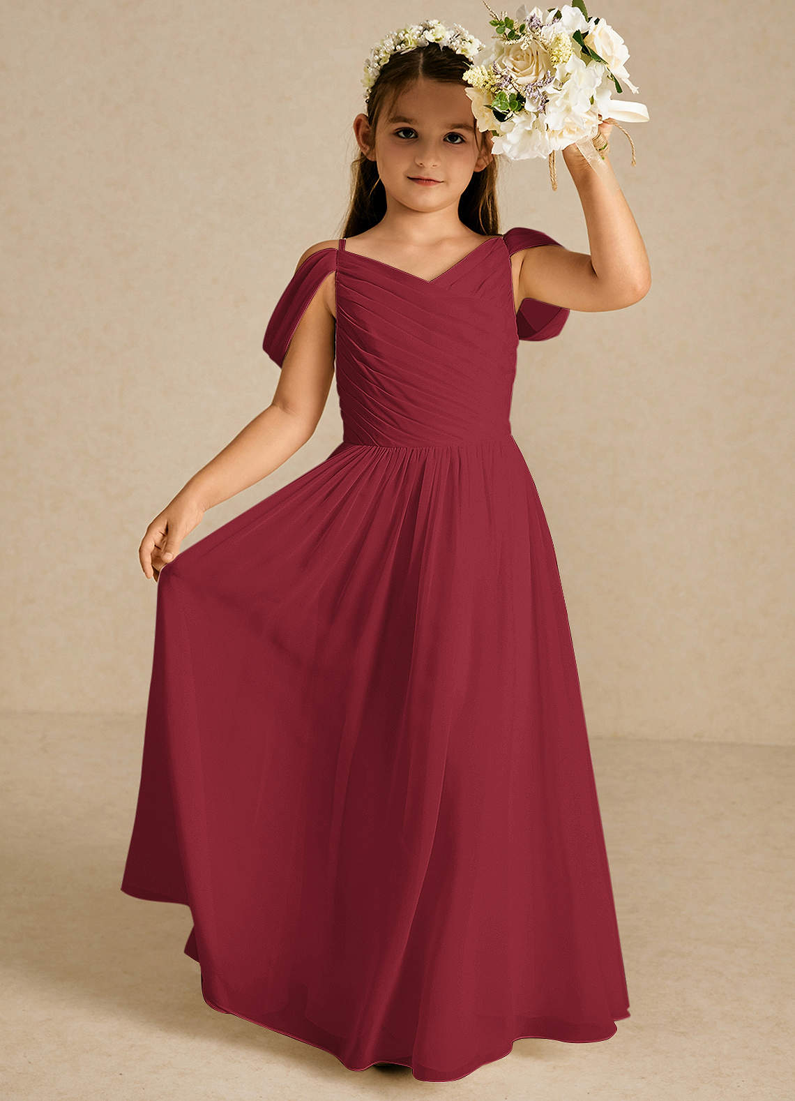 Azazie Chelle Flower Girl Dresses Pomegranate A-Line Pleated Chiffon Dress image1