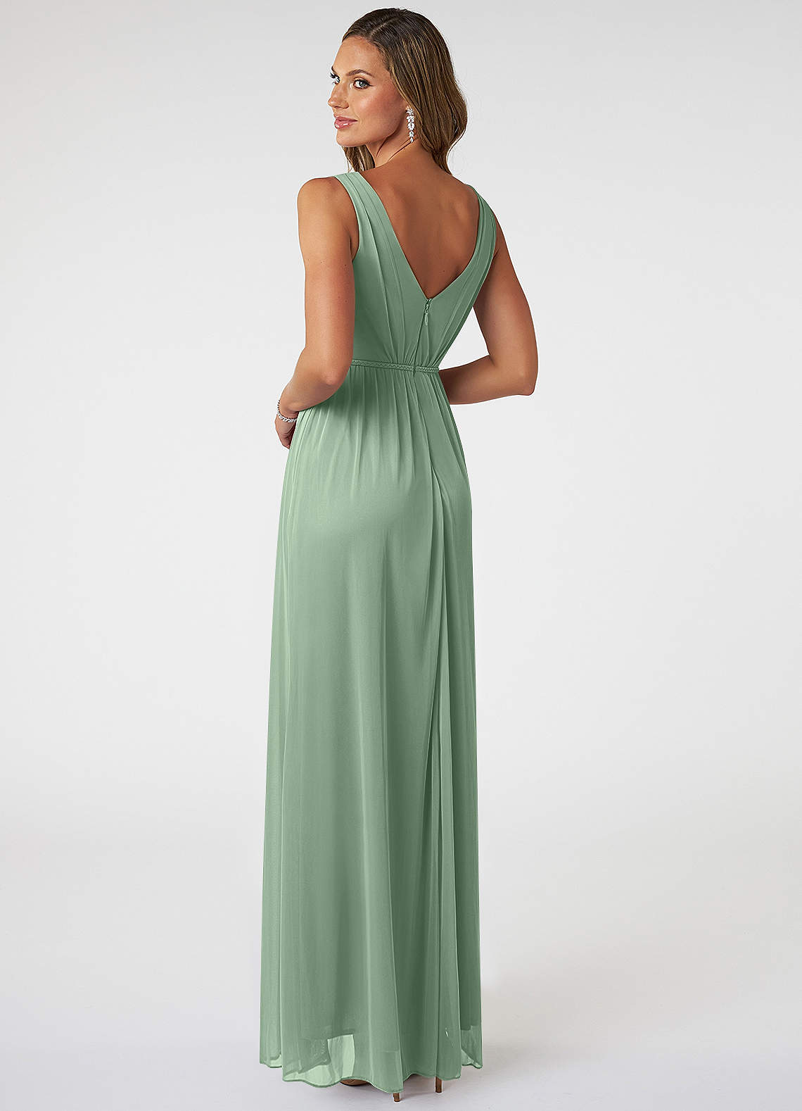 Azazie Tanicia Bridesmaid Dresses Matcha A-Line V-Neck Pleated Mesh Dress image3