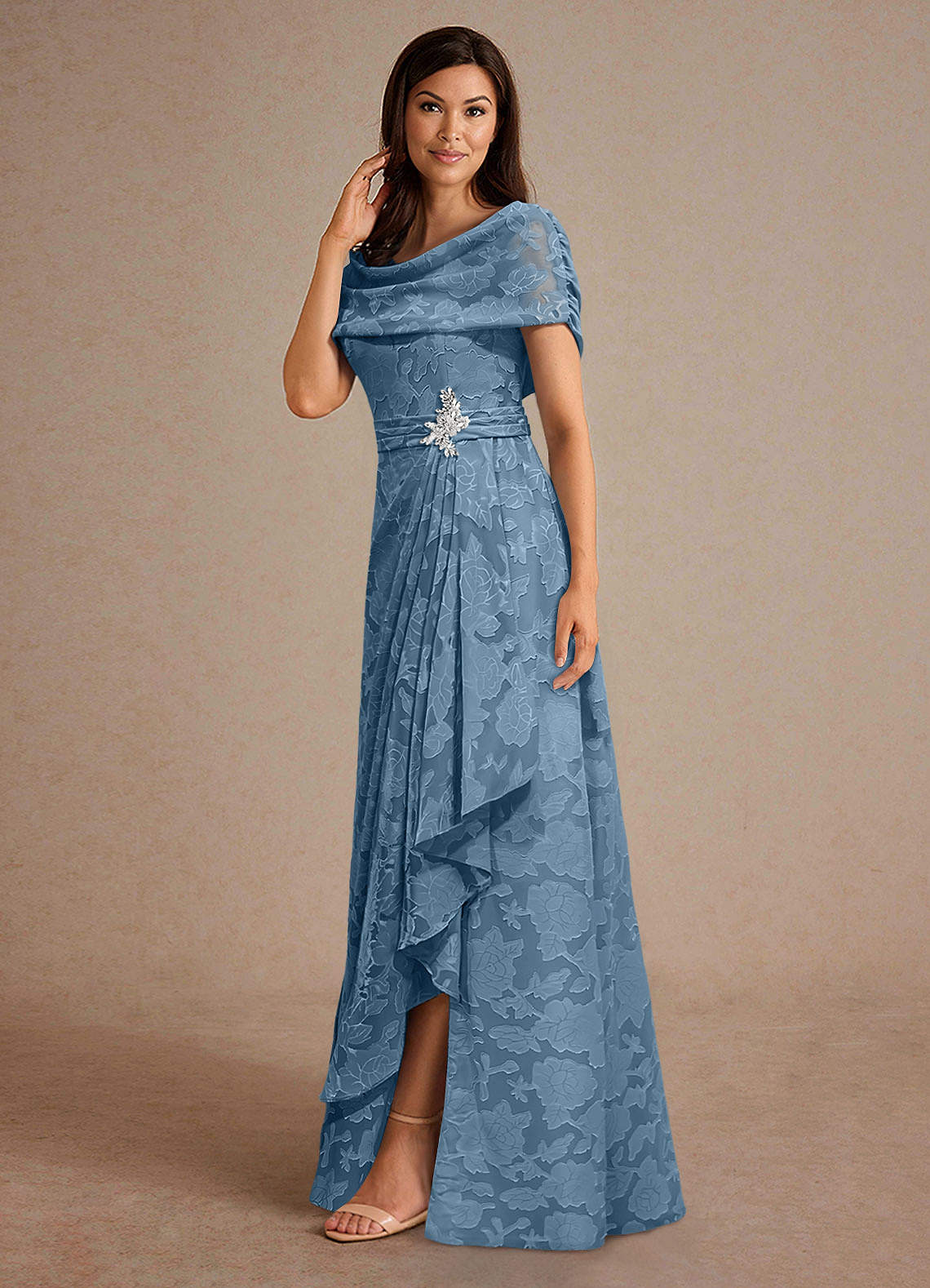 Azazie Branford Mother of the Bride Dresses Steel Blue A-Line Pleated Floral Burnout Dress image1