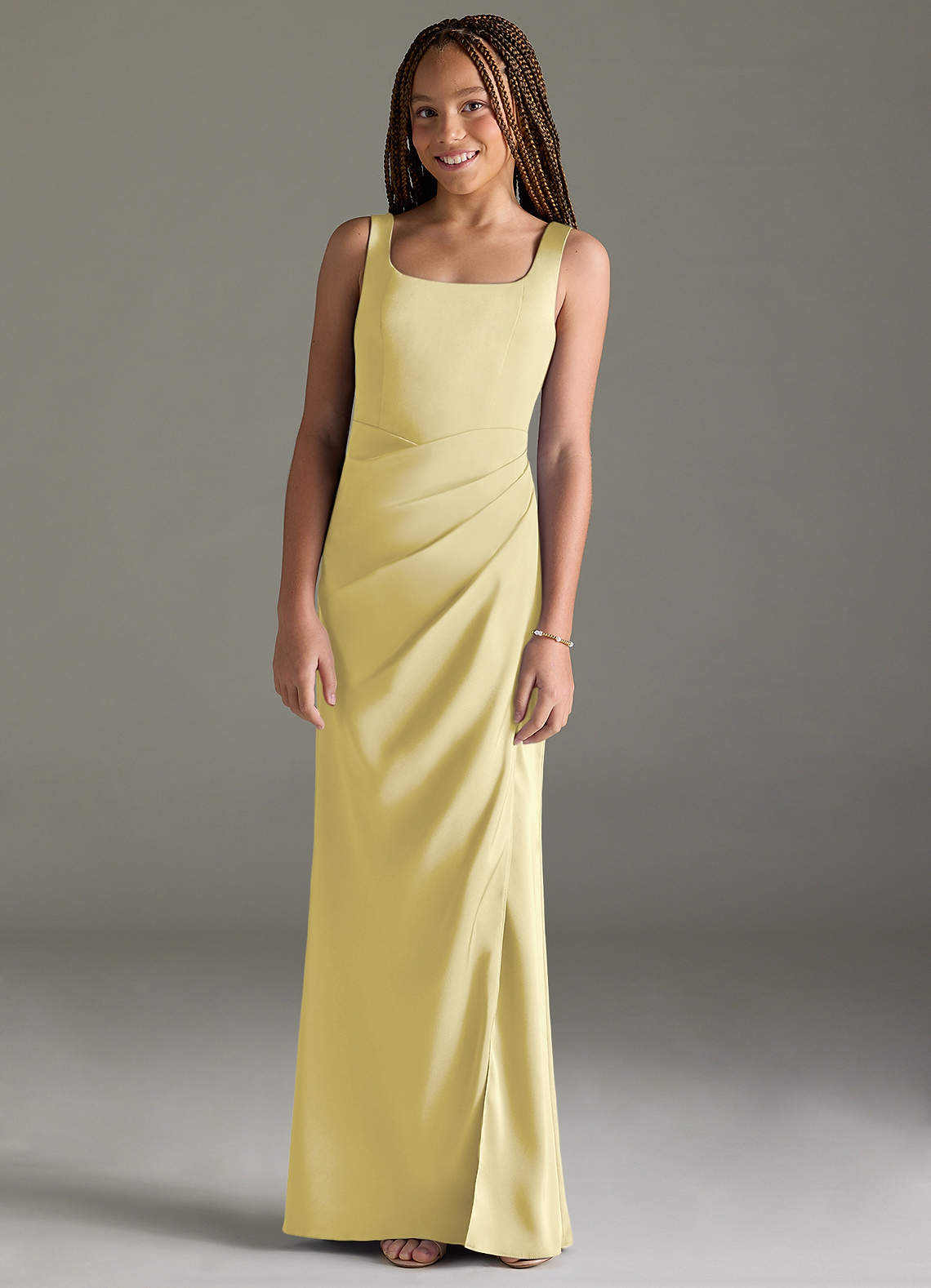 Azazie Mero Junior Lemon Sorbet Mermaid Pleated Stretch Satin Dress image1