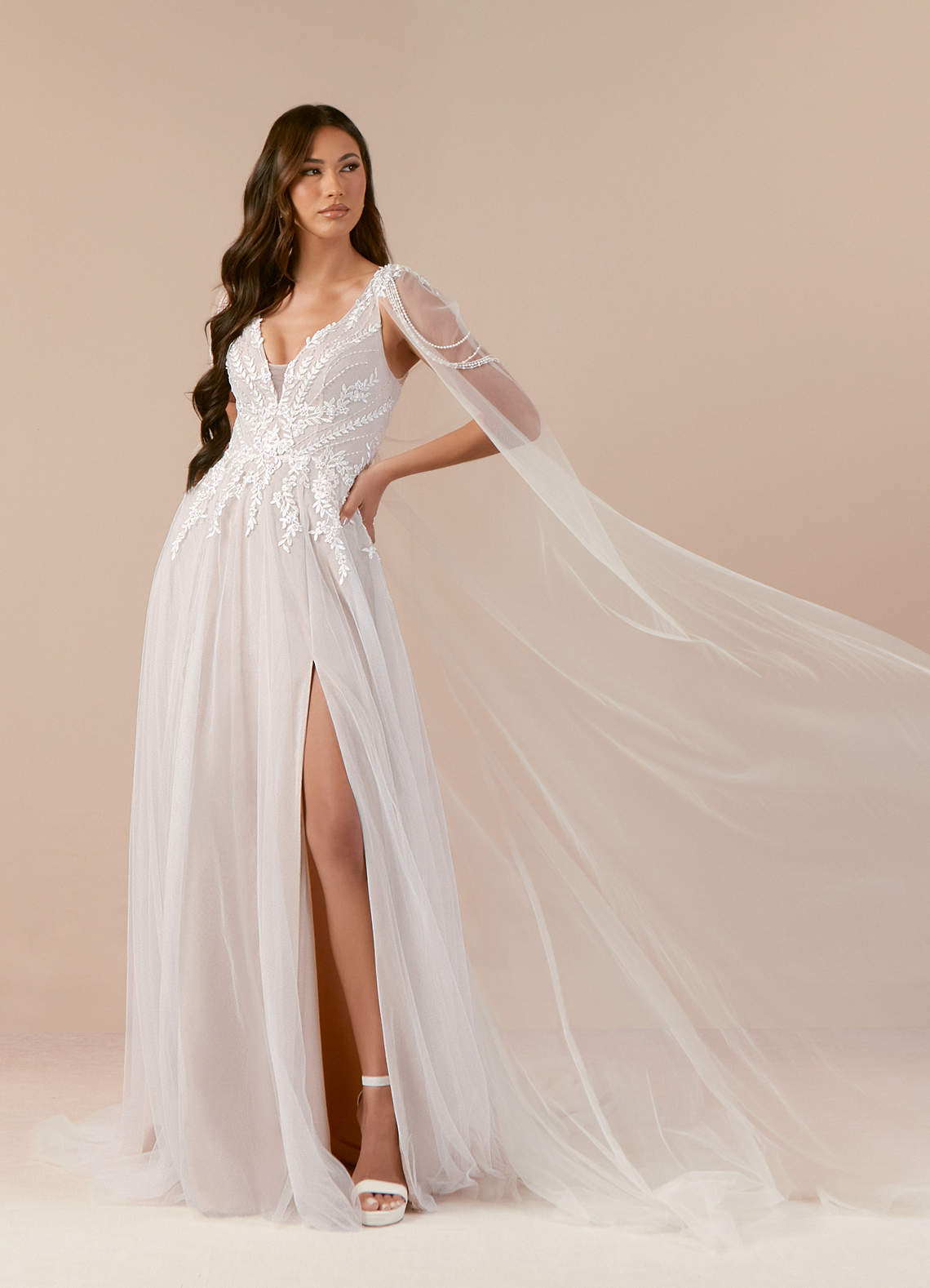 Azazie Goddess Wedding Dresses Diamond White Caramel A-Line V-Neck Sequins Tulle Dress image1