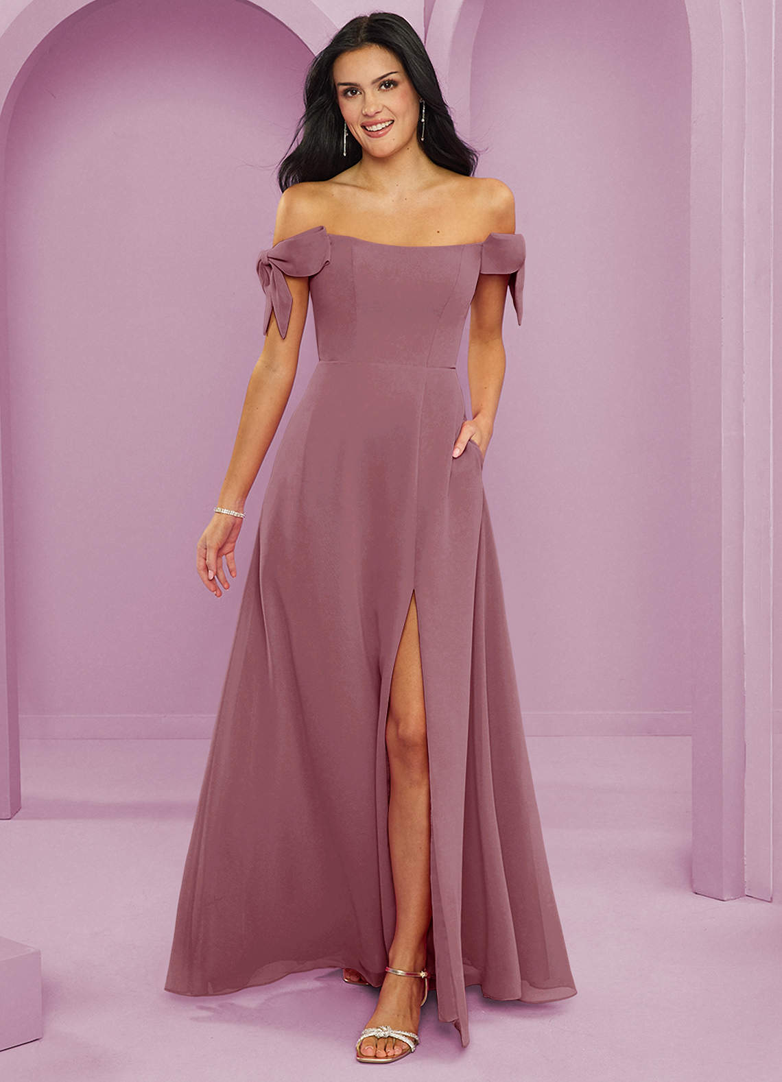 Barbie ♥ Azazie Bridesmaid Dresses Vintage Mauve A-Line Off the Shoulder Chiffon Convertible Dress image1
