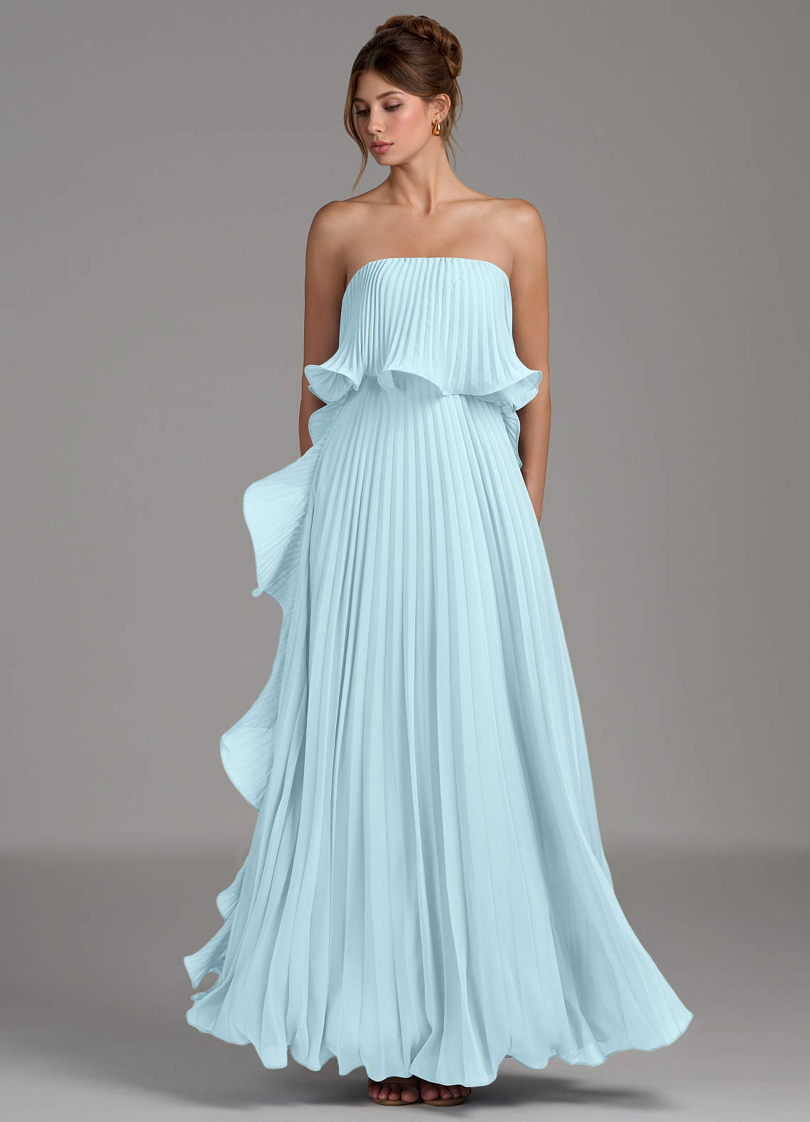 cloud blue bridesmaid dresses Azazie A-Line Strapless Floor-Length Chiffon It features contrasting overlock stitching and tie accents Blue Wedding Colors & Bridesmaid