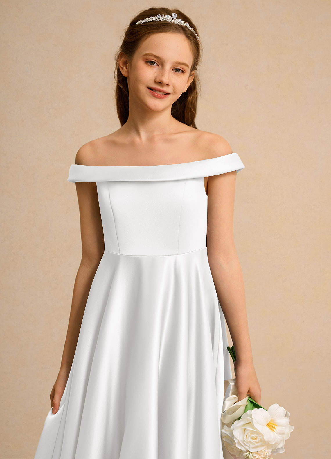 Azazie Teeny Girls Formal Finale sale A-Lijn Jurk van Mat Satijn Geplooid Wit image6