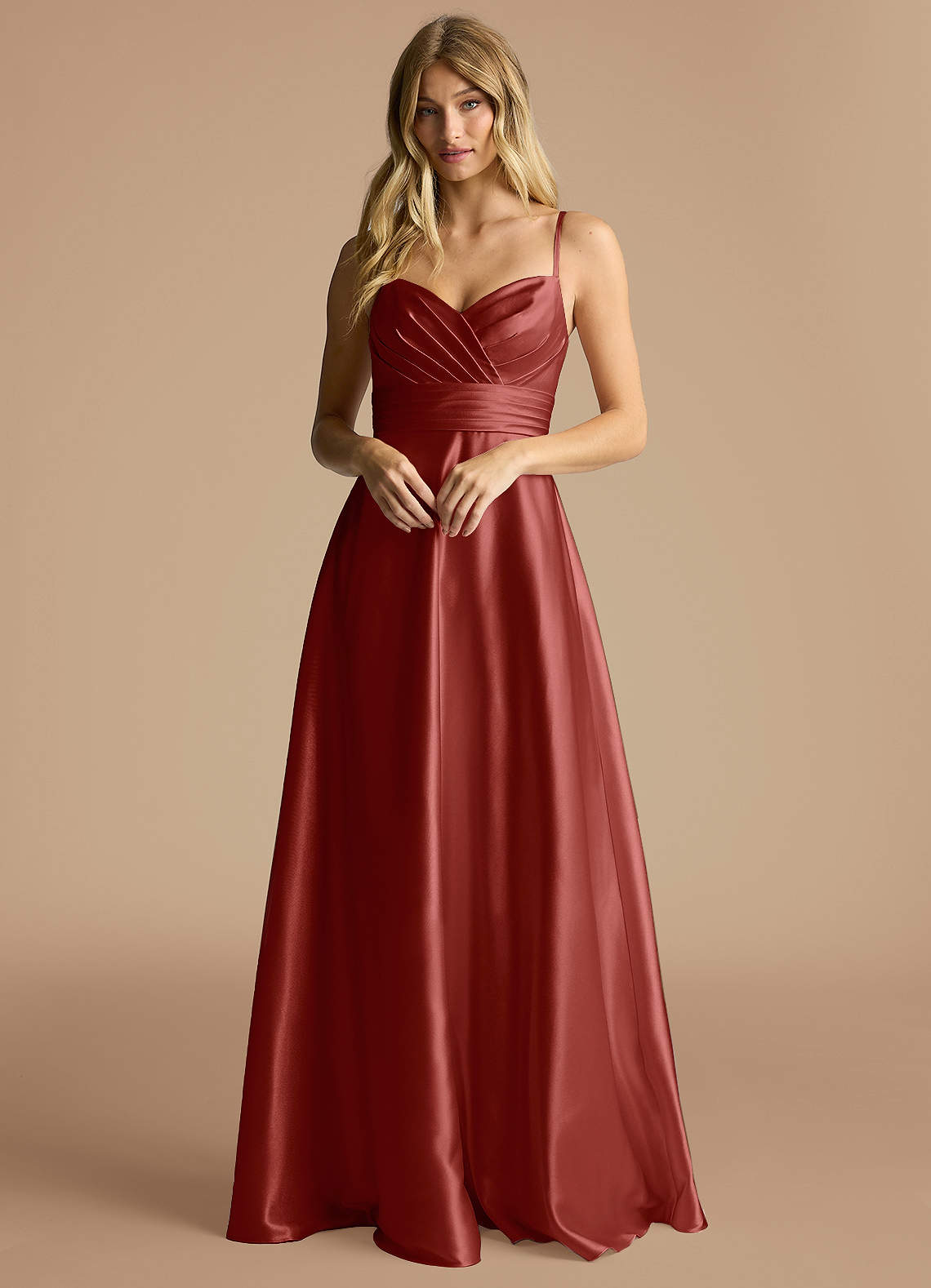 Azazie Oliana Bridesmaid Dresses Terracotta A-Line Pleated Metallic Satin Dress image1