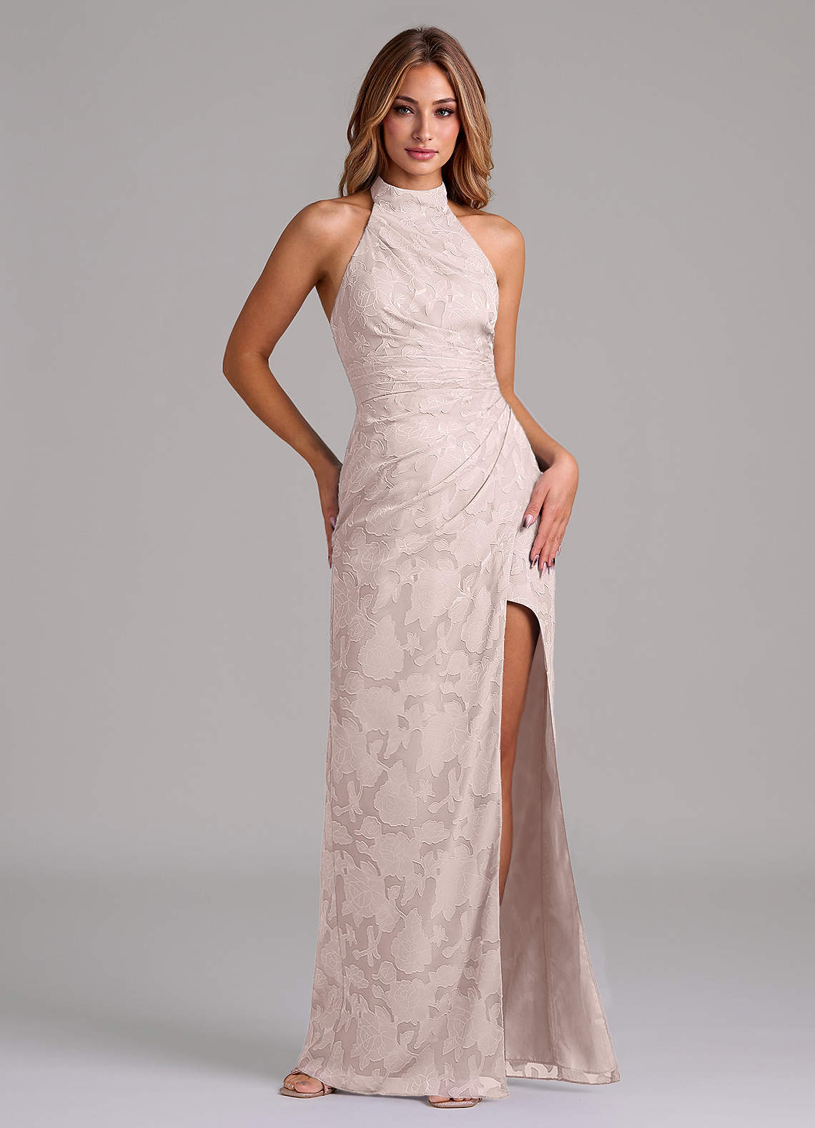 Azazie Jemma Bridesmaid Dresses Blushing Pink A-Line Pleated Floral Burnout Dress image1