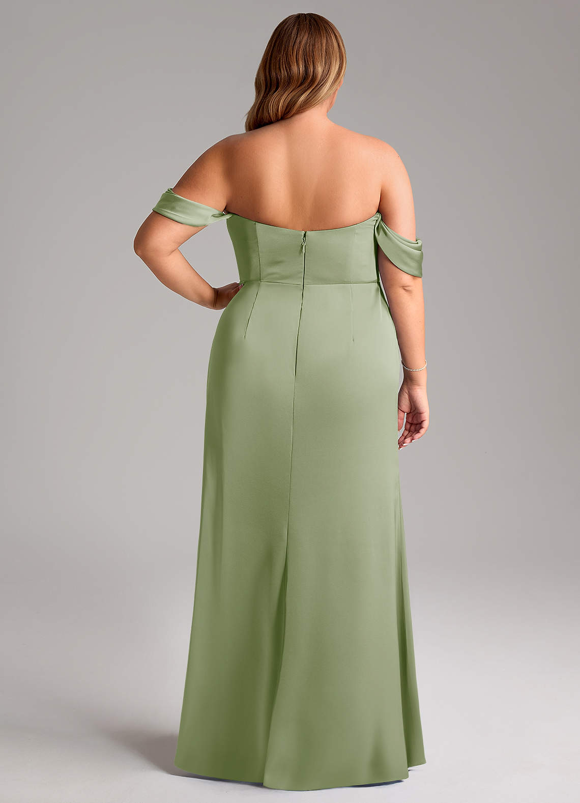 Azazie Saige Bridesmaid Dresses Dusty Sage Sheath Off the Shoulder Stretch Satin Dress image11