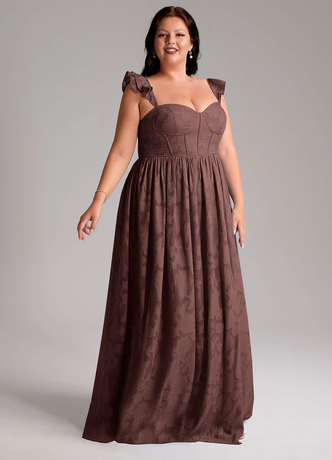 Azazie Denisse Vestidos de madrinha de casamento Vestido Café Expresso de Esgotamento Floral de Linha A com Ruched image9