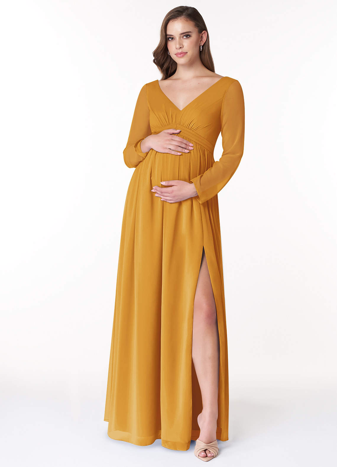 Azazie Teton Maternity Bridesmaid Dresses A-Line Long Sleeve Chiffon Floor-Length Dress image1