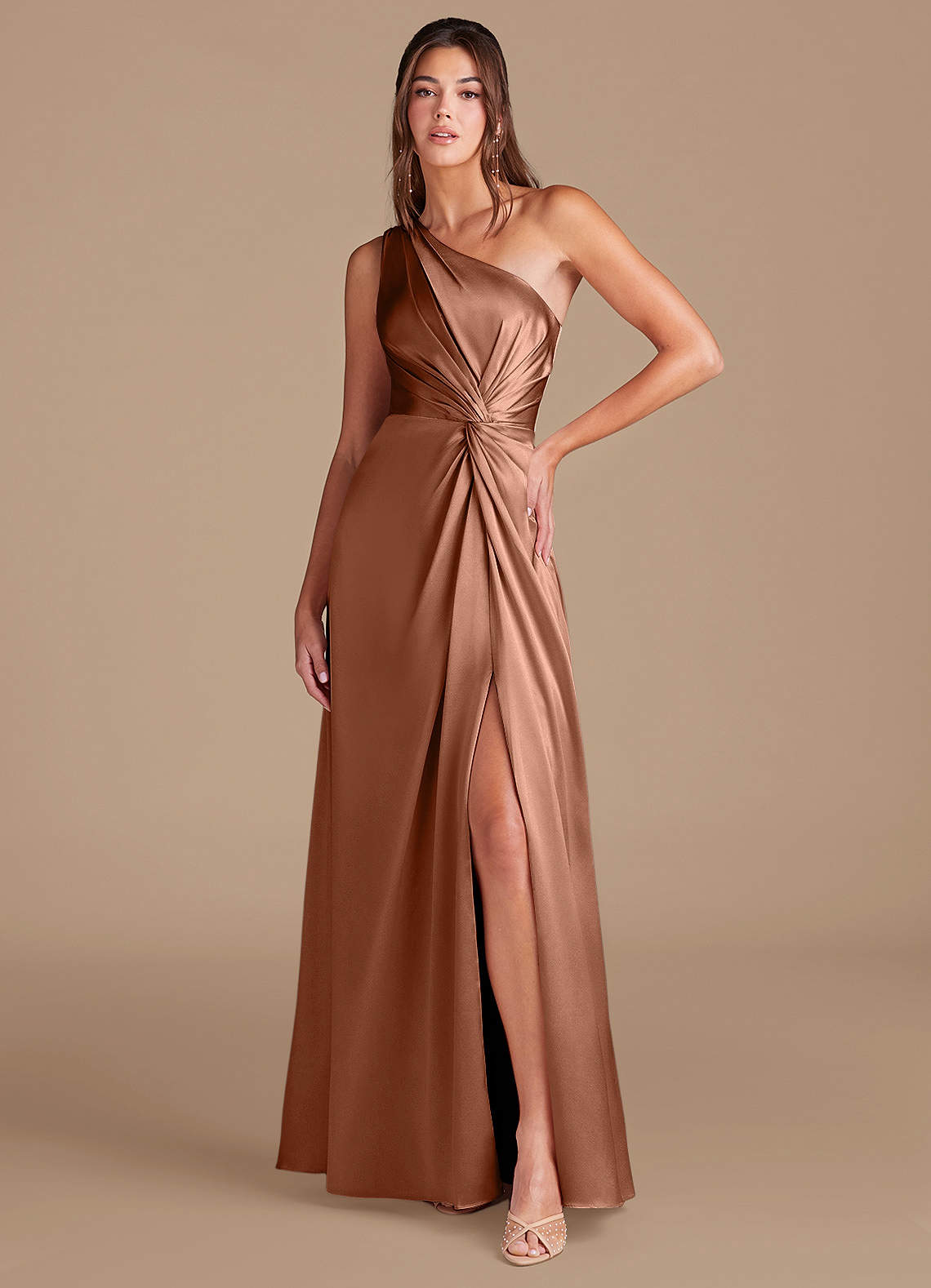 Azazie Brooke Bridesmaid Dresses Bronzer A-Line One Shoulder Metallic Satin Dress image1