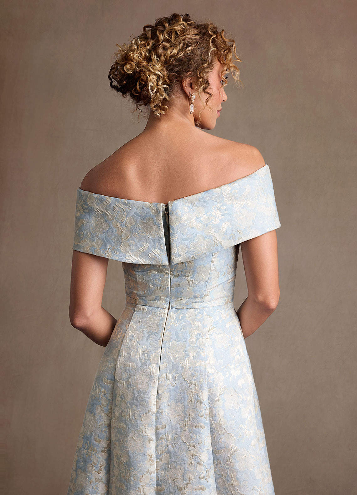 Azazie Harriett Mother of the Bride Dresses Dusty Blue A-Line Off the Shoulder Floral Jacquard Dress image5