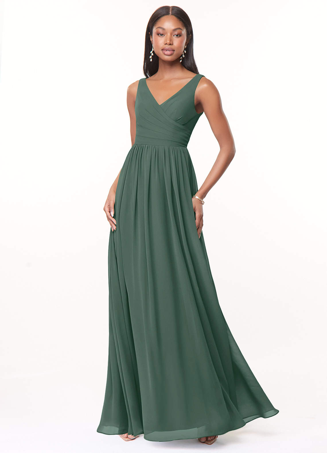 Azazie Keyla Brautjungfernkleider A-Linie V-Hals Gefaltet Chiffon Kleid Seemoos image1