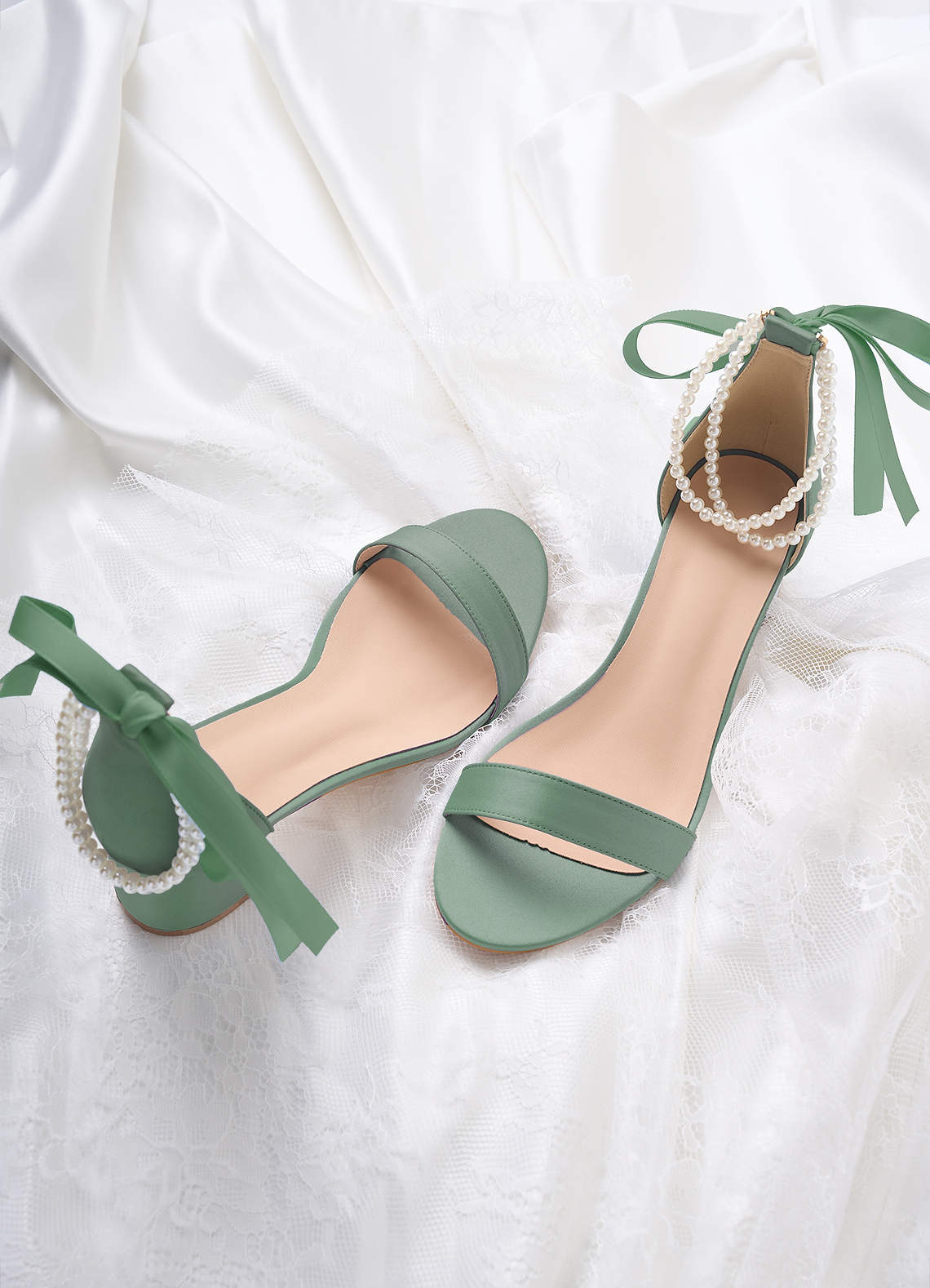 front Matching Color Matte Satin Pearl and Bow Open Toe Chunky Heel Sandals