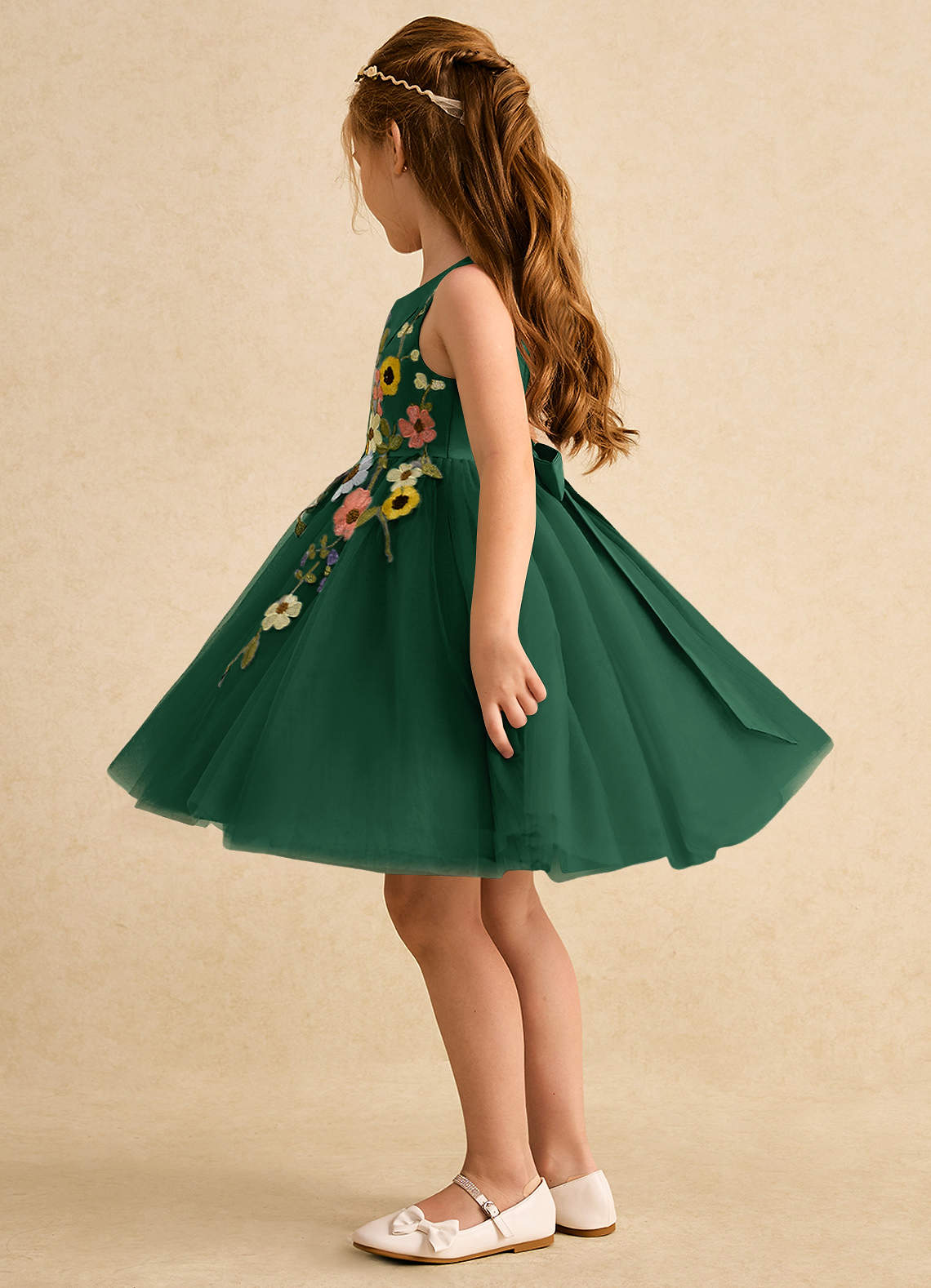 Azazie Prima Flower Girl Dresses Dark Green A-Line Bow Tulle Dress image3