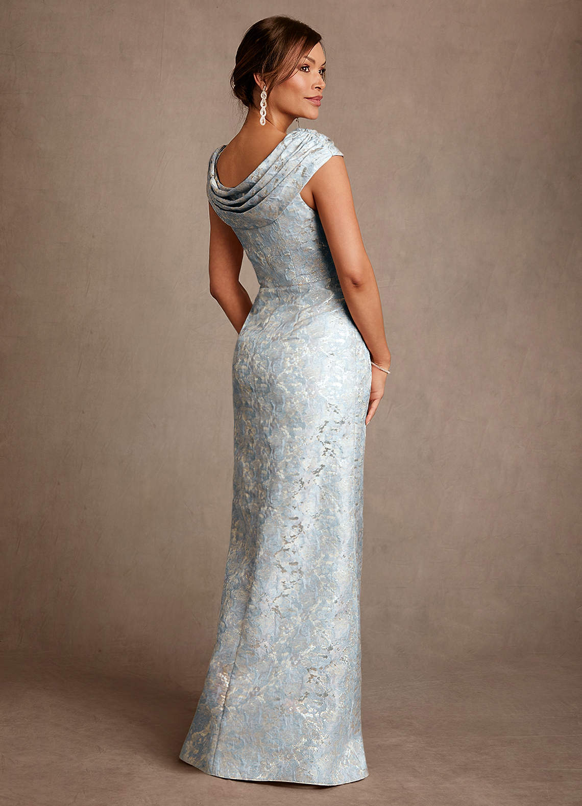 Azazie Irvine Mother of the Bride Dresses Dusty Blue A-Line Pleated Floral Jacquard Dress image1