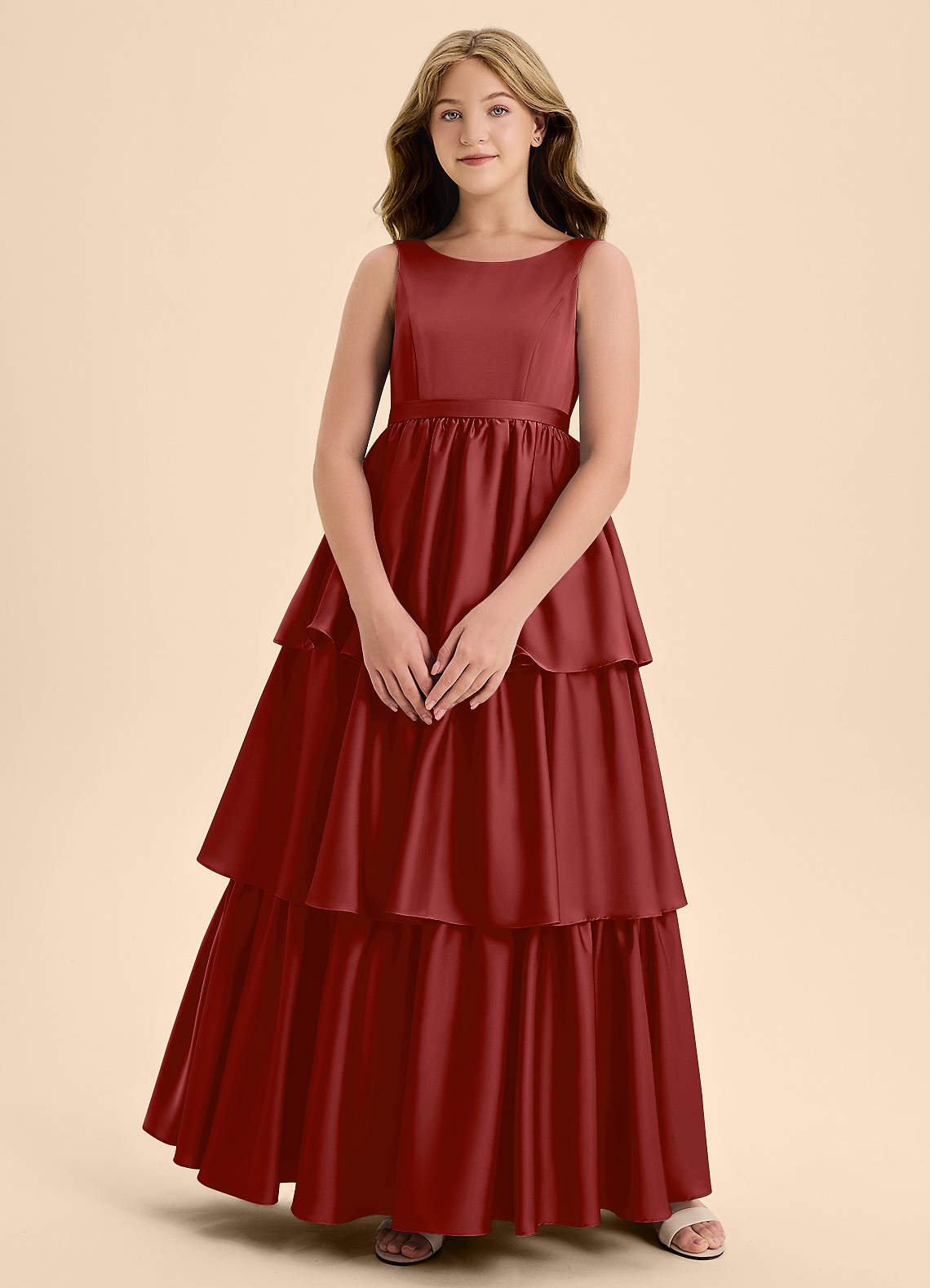 Azazie Meadowyn Junior Abito A-Line in Raso Elasticizzato Fiocco Melograno image1
