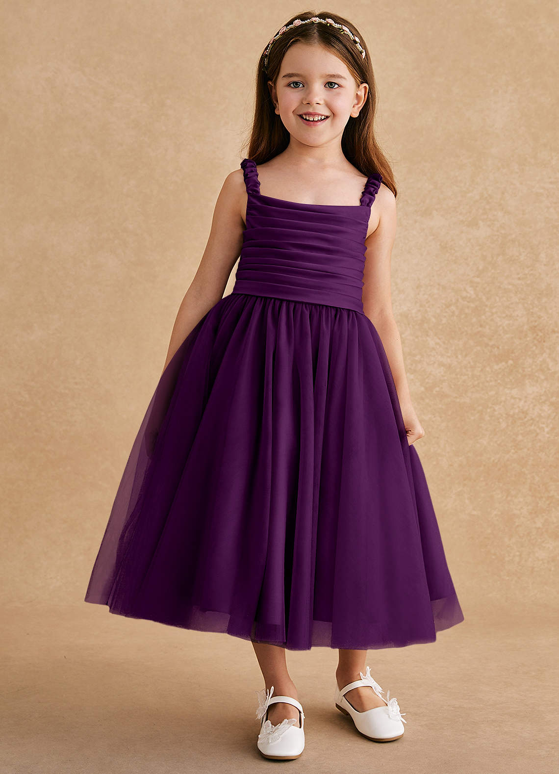 Azazie Gabbie Flower Girl Dresses Grape A-Line Pleated Matte Satin Dress image1