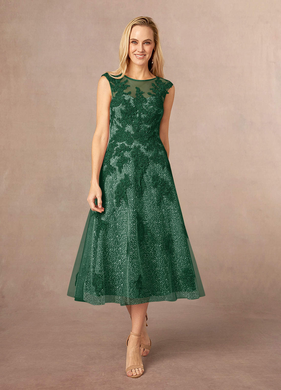 Azazie Flynn Mother of the Bride Dresses Dark Green A-Line Boatneck Lace Tulle Dress image1