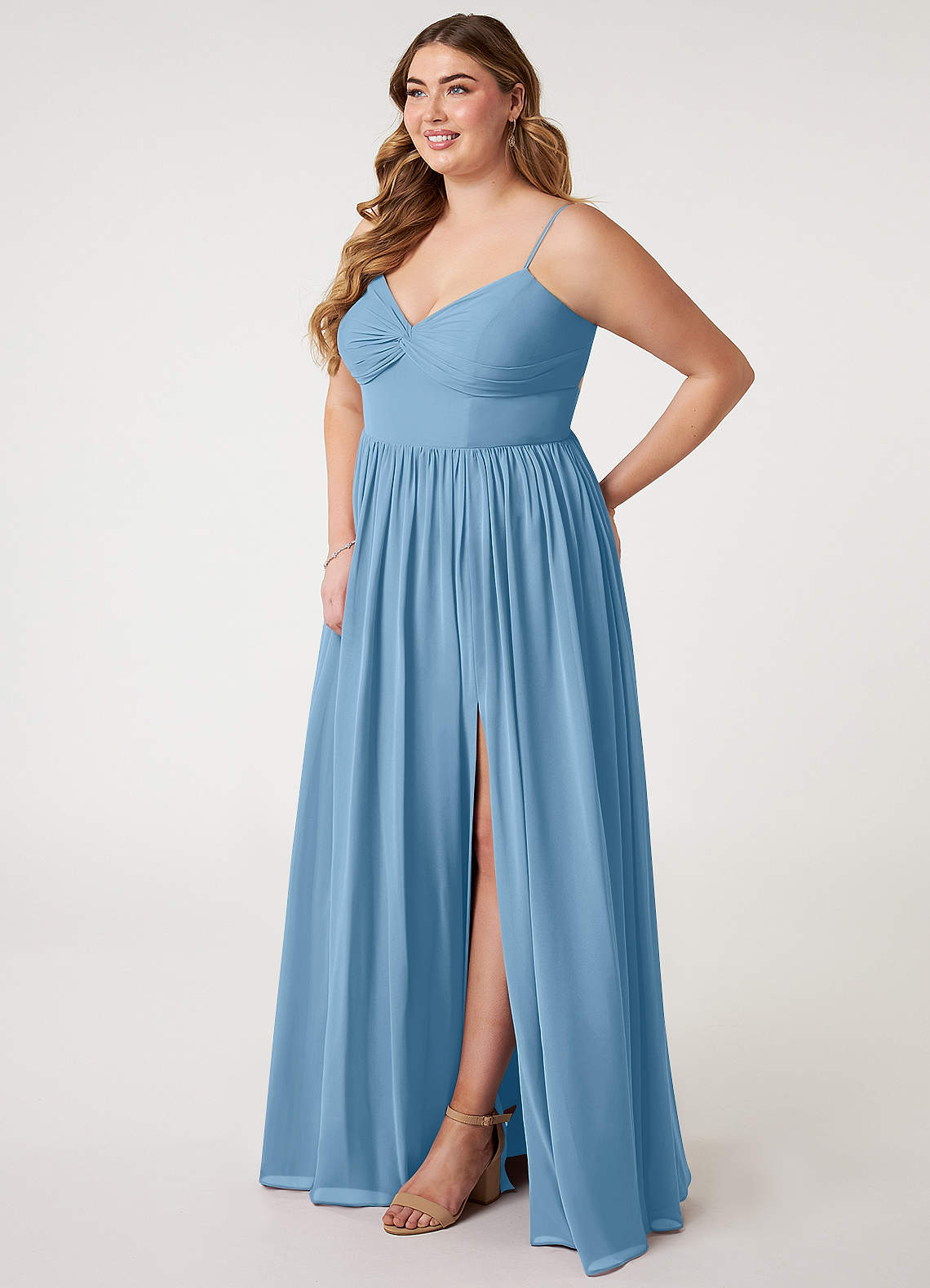 Azazie Zeya Bridesmaid Dresses Steel Blue A-Line V-Neck Pleated Chiffon Dress image7