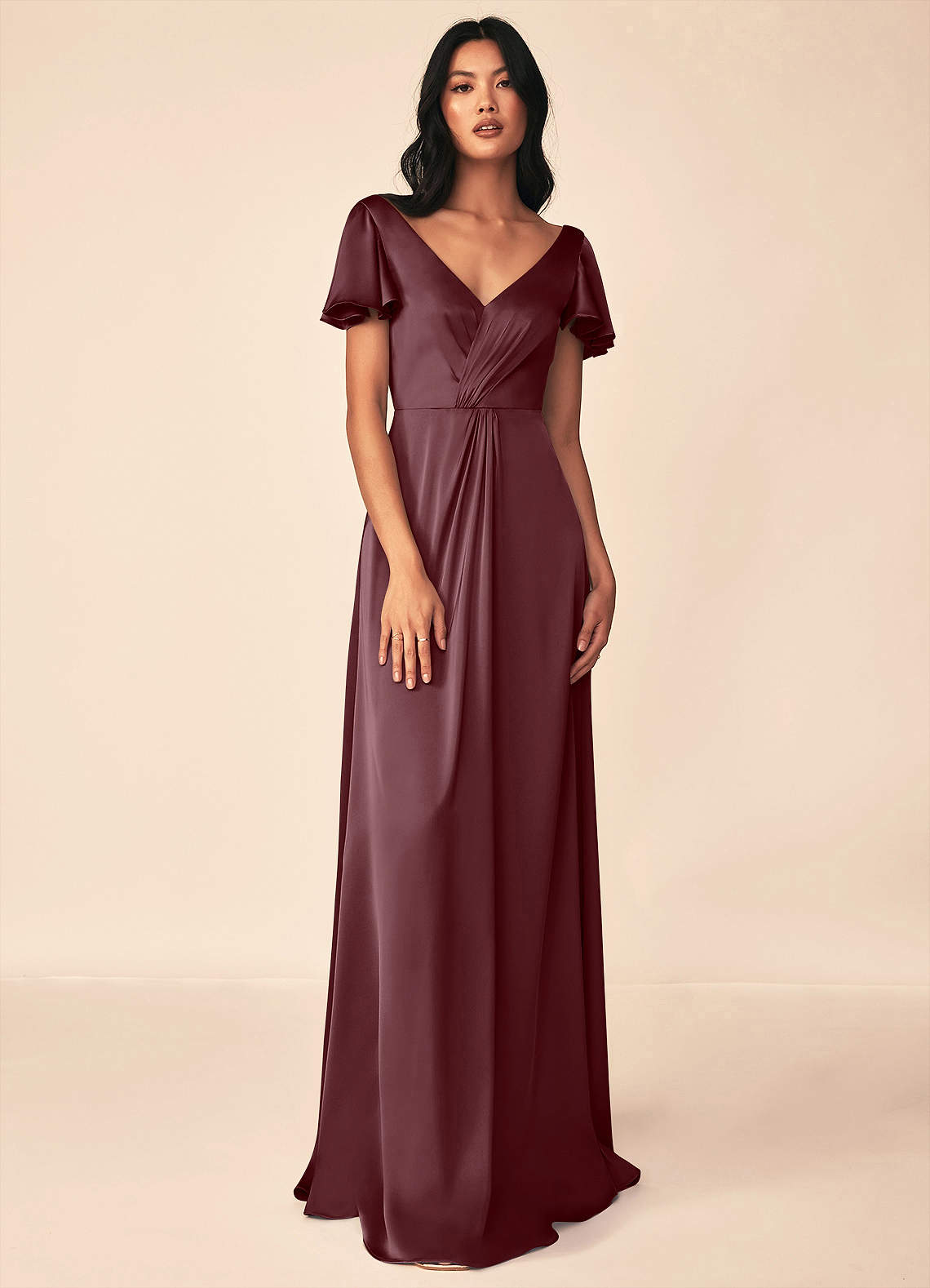Azazie Soren Bridesmaid Dresses Sangria A-Line Pleated Stretch Satin Dress image1