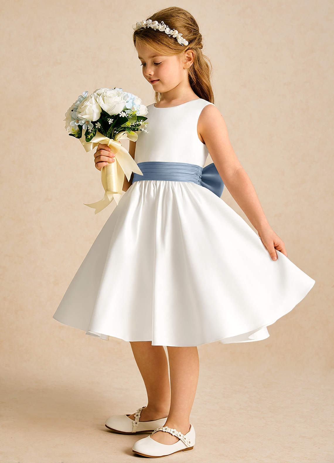 Azazie Sosie Flower Girl Dresses Ivory Dusty Blue A-Line Pleated Matte Satin Dress image2