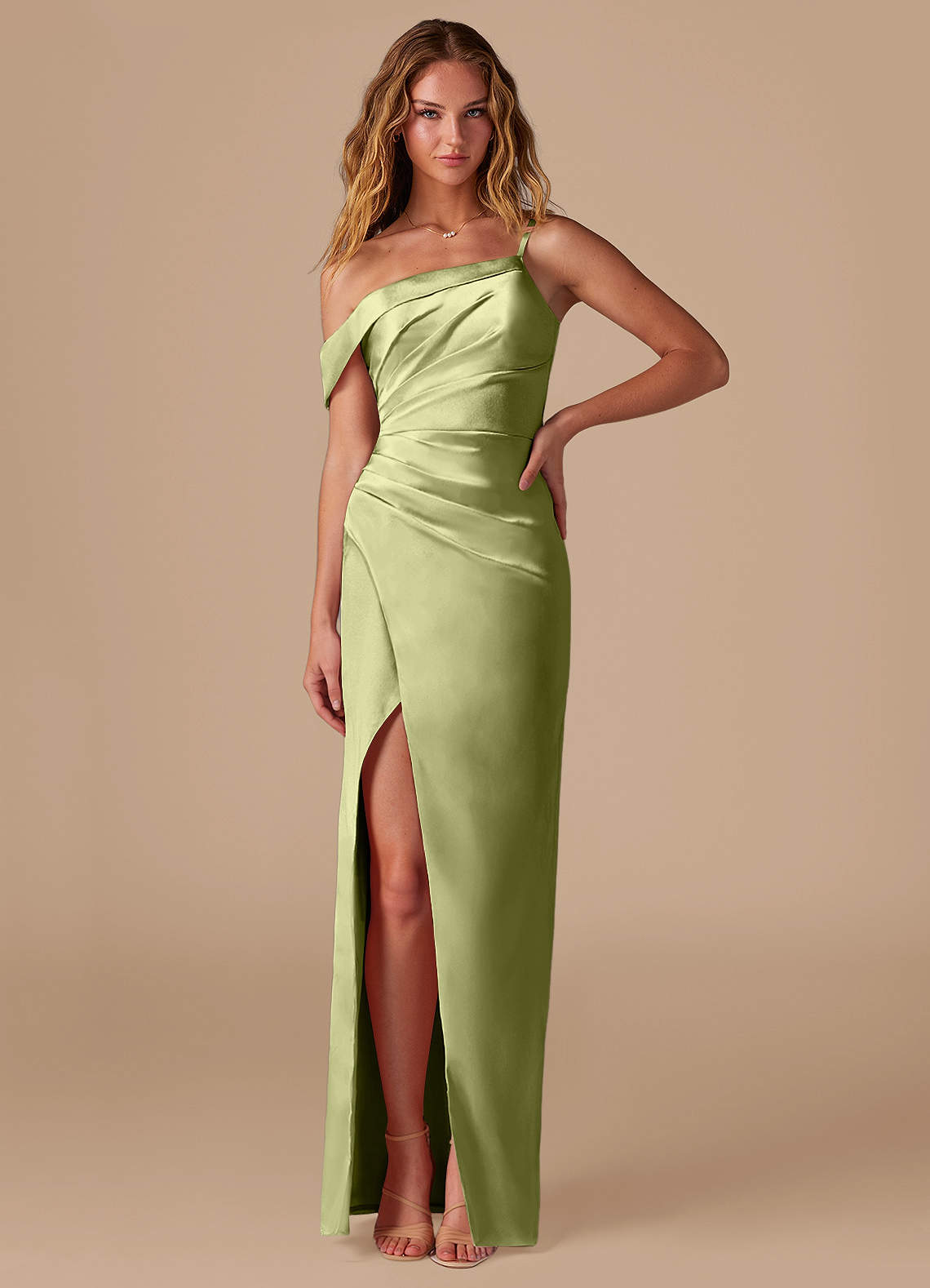 Azazie Lia Bridesmaid Dresses Pistachio Sheath Off the Shoulder Metallic Satin Dress image1