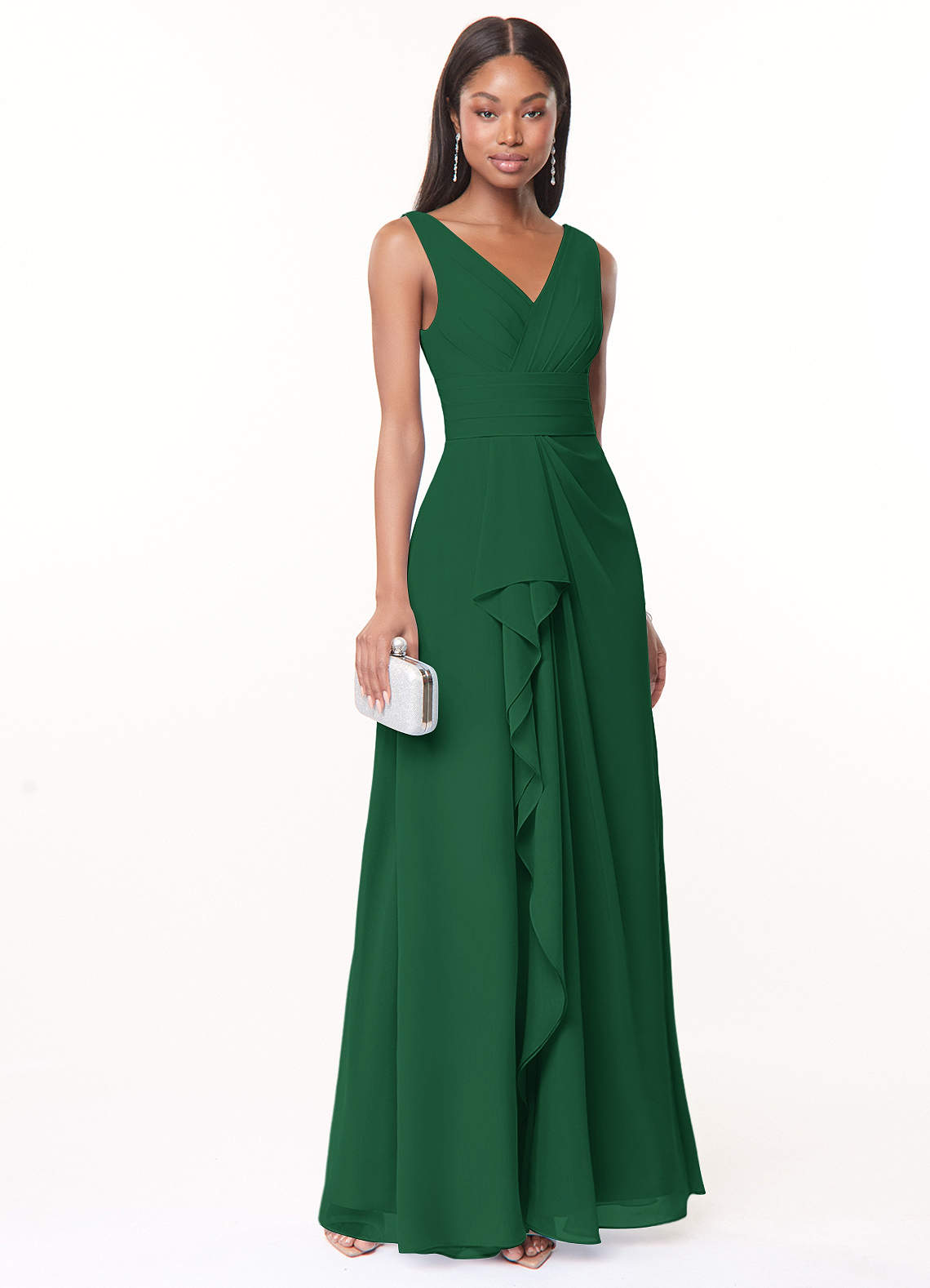 dark green chiffon maxi dress Azazie Julianna Ready to Ship Dark Green Chiffon Bridesmaid Dresses