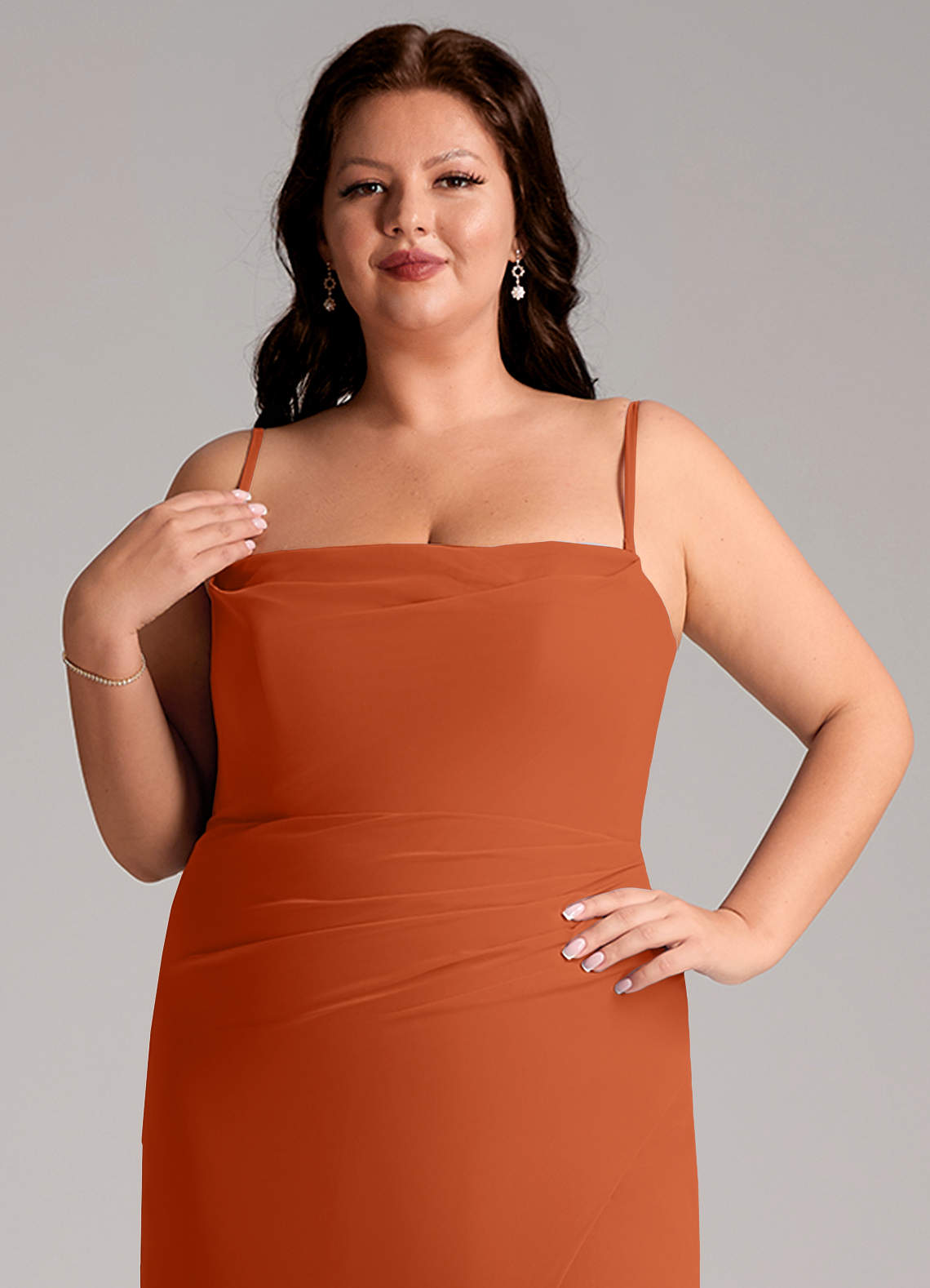 Azazie Leonis Vestidos de madrinha de casamento Vestido Laranja Queimada de Chiffon de Bainha com Sem alças image14
