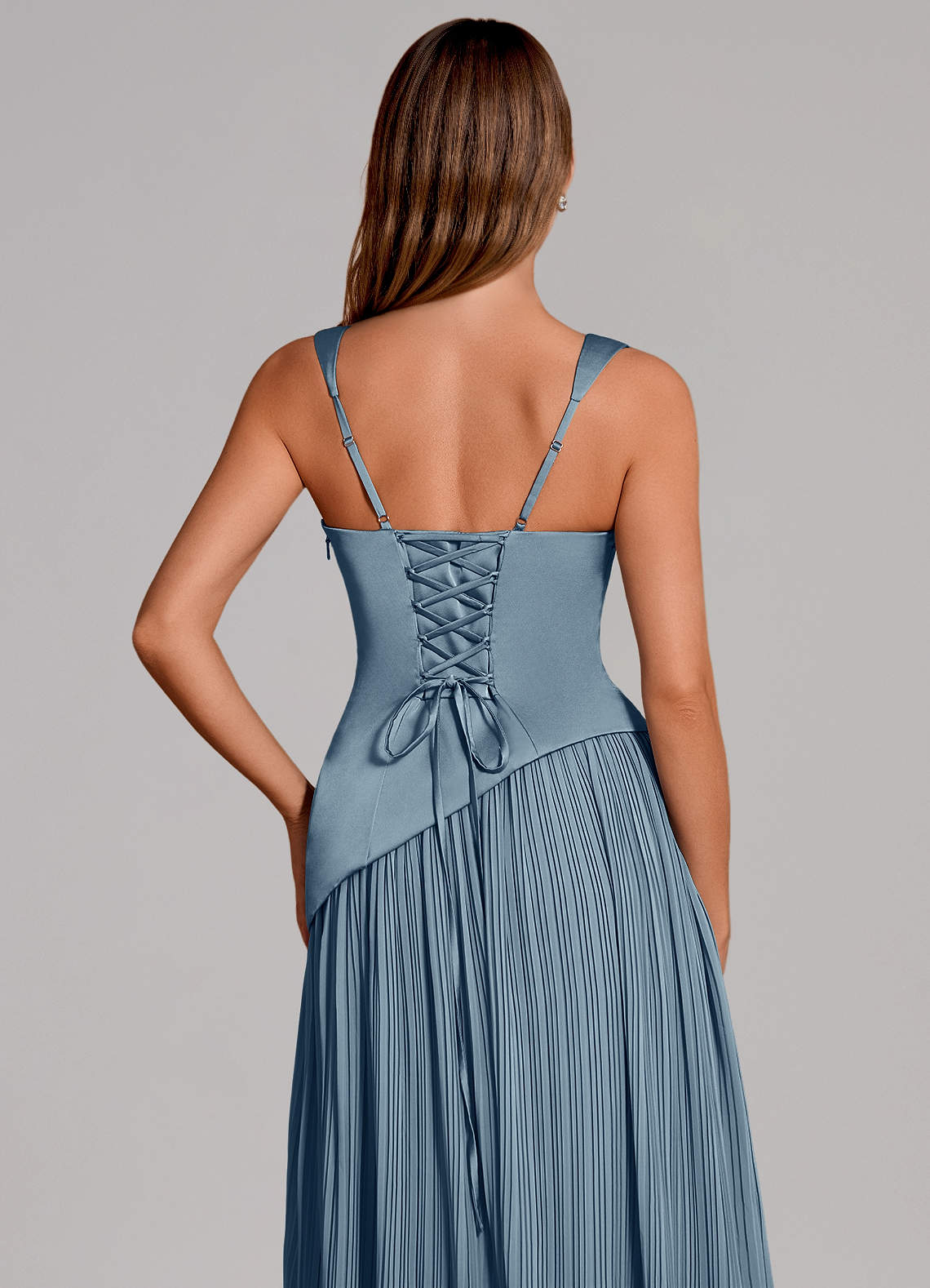 Azazie Stephanie Bridesmaid Dresses Dusty Blue A-Line Pleated Stretch Satin Dress image1