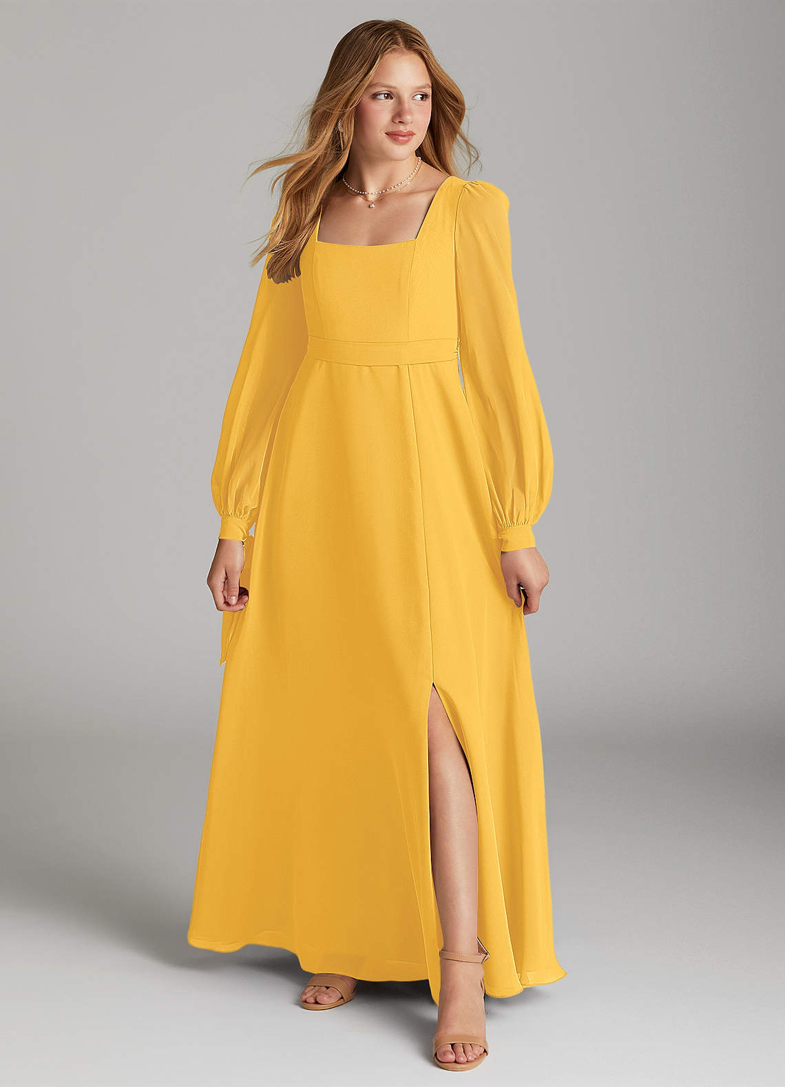 Azazie Leonia Junior Marigold A-Line with Pockets Chiffon Dress image1