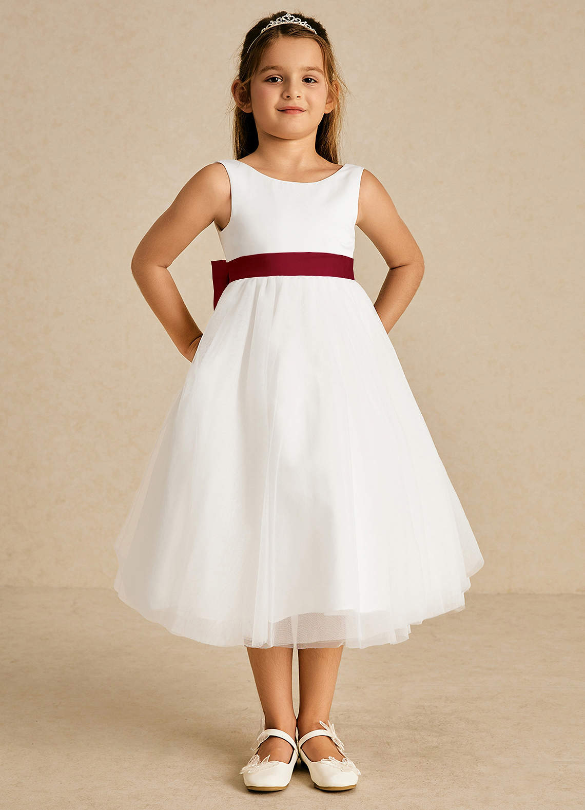 Azazie Kavi Flower Girl Dresses Ivory Burgundy A-Line Bow Matte Satin Dress image1