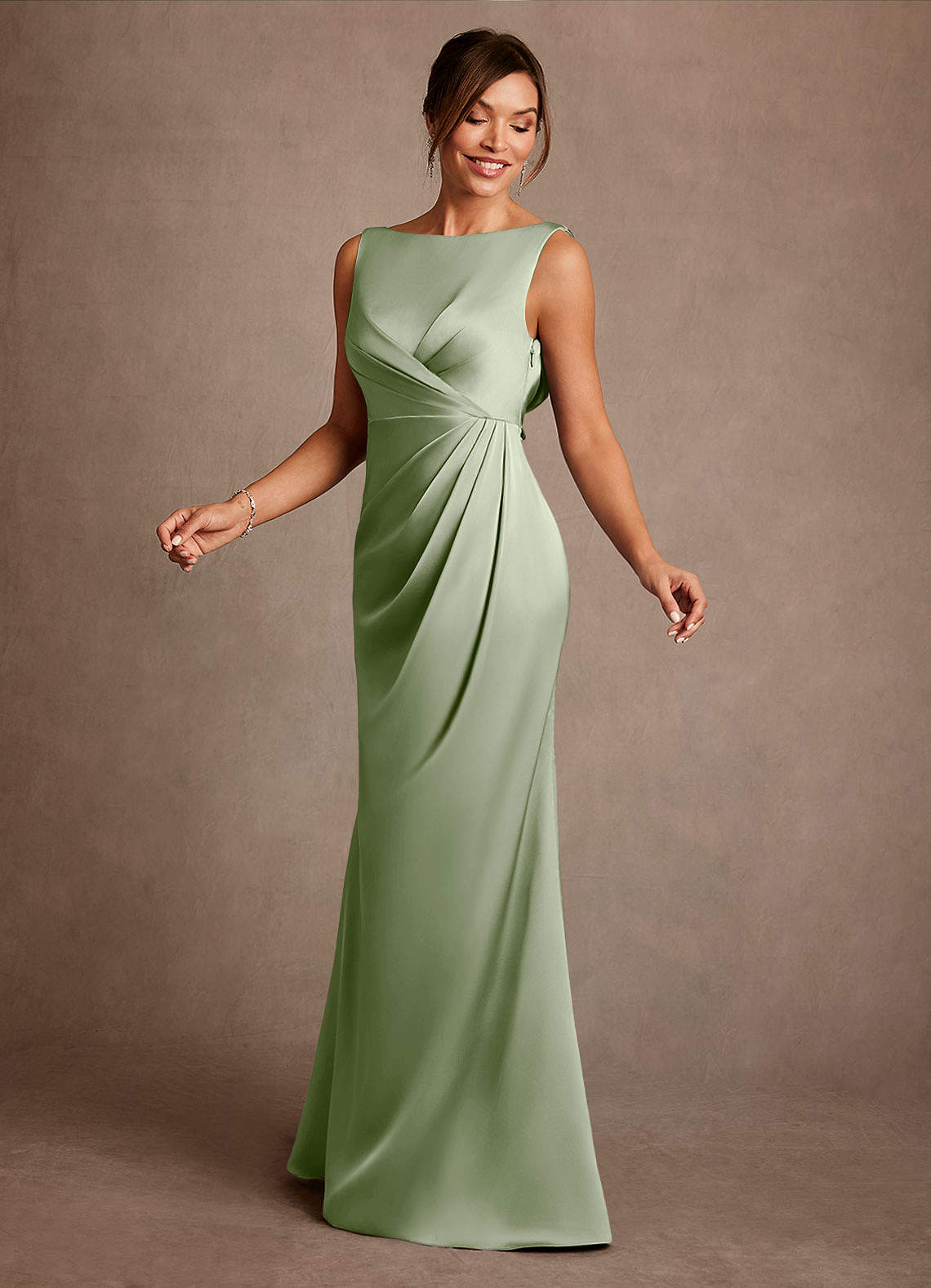 Azazie Baltimore Mother of the Bride Dresses Dusty Sage A-Line Pleated Stretch Satin Dress image2