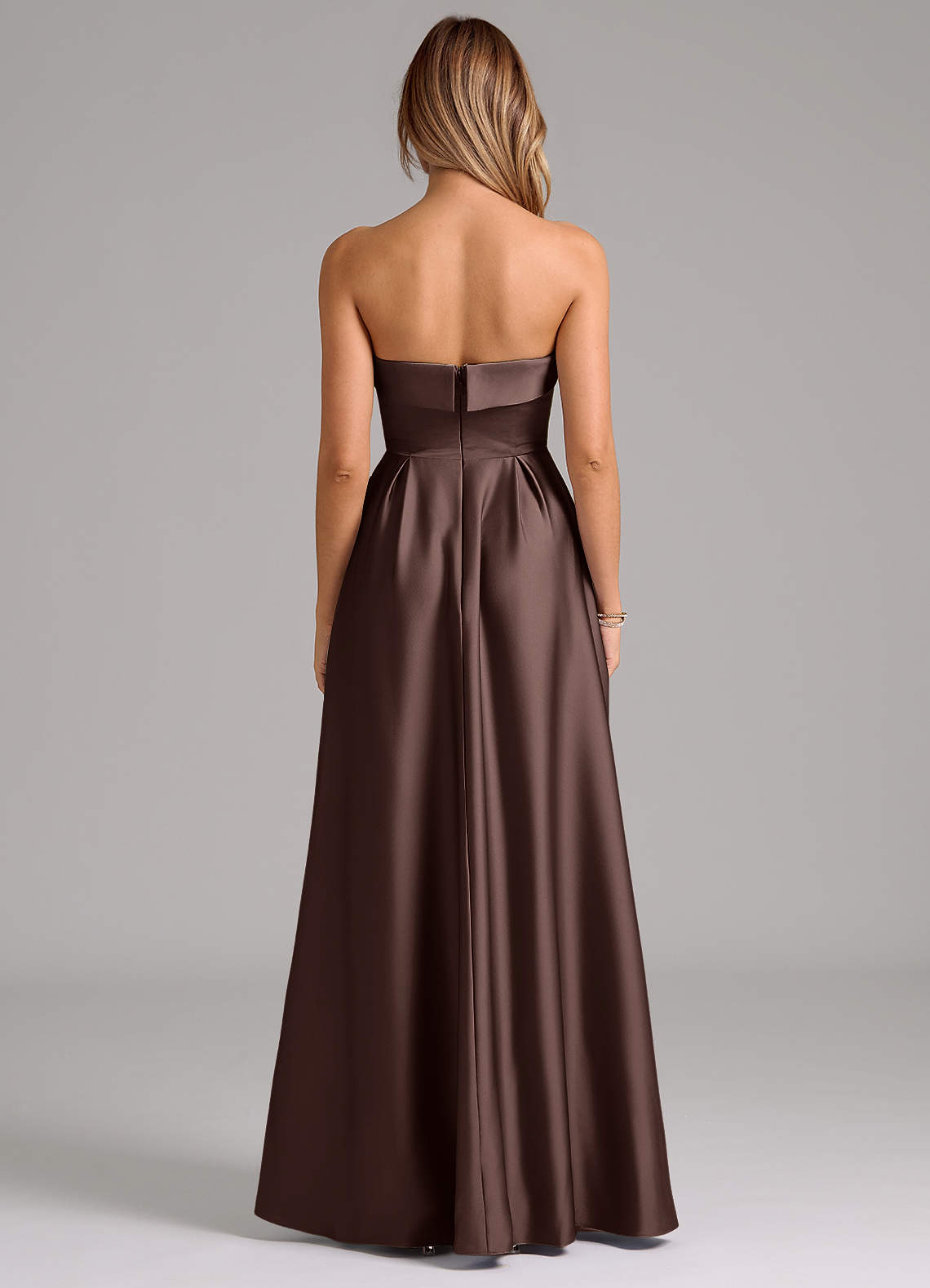 Azazie Lucienne At-home Try On Dresses Black A-Line Strapless Stretch Satin Convertible Dress image6