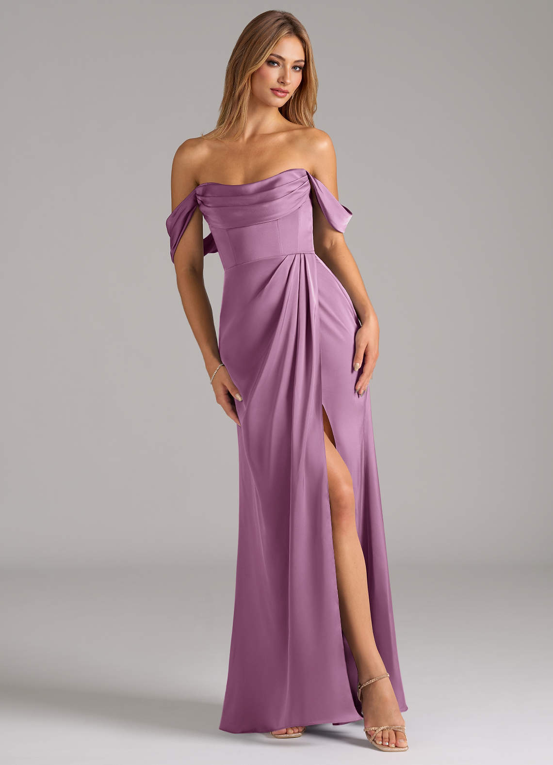 Azazie Johana Bridesmaid Dresses Wisteria Mermaid Off the Shoulder Stretch Satin Convertible Dress image1
