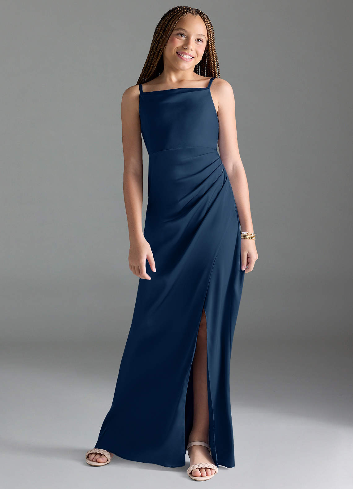 Azazie Leonis Junior Dark Navy A-Line Pleated Stretch Satin Dress image1