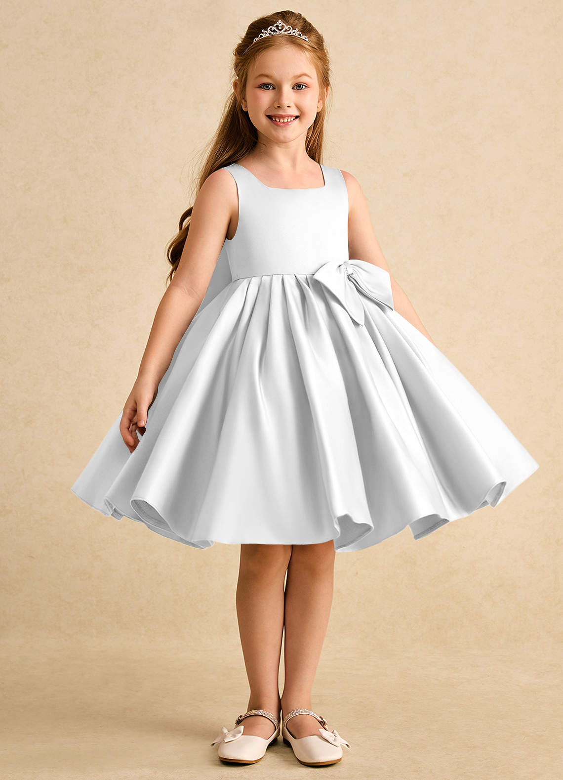 Azazie Jessie Flower Girl Dresses Diamond White A-Line Bow Matte Satin Dress image4