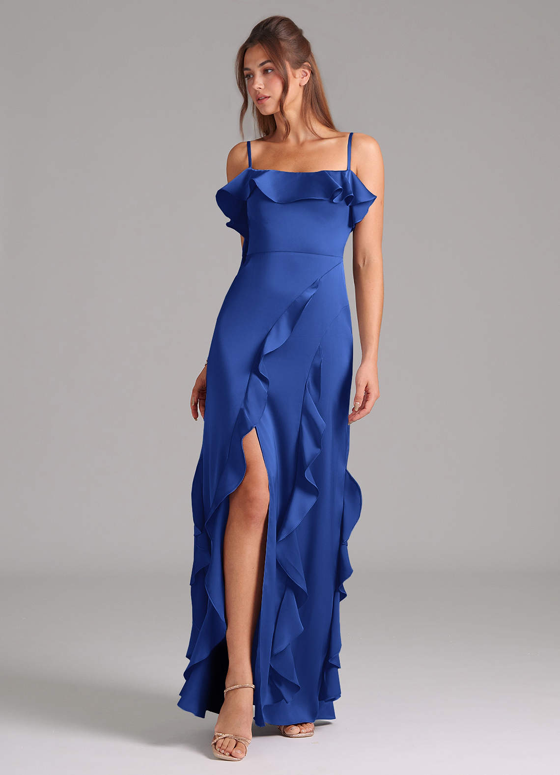Azazie Malia Bridesmaid Dresses Royal Blue A-Line Side Slit Stretch Satin Dress image1