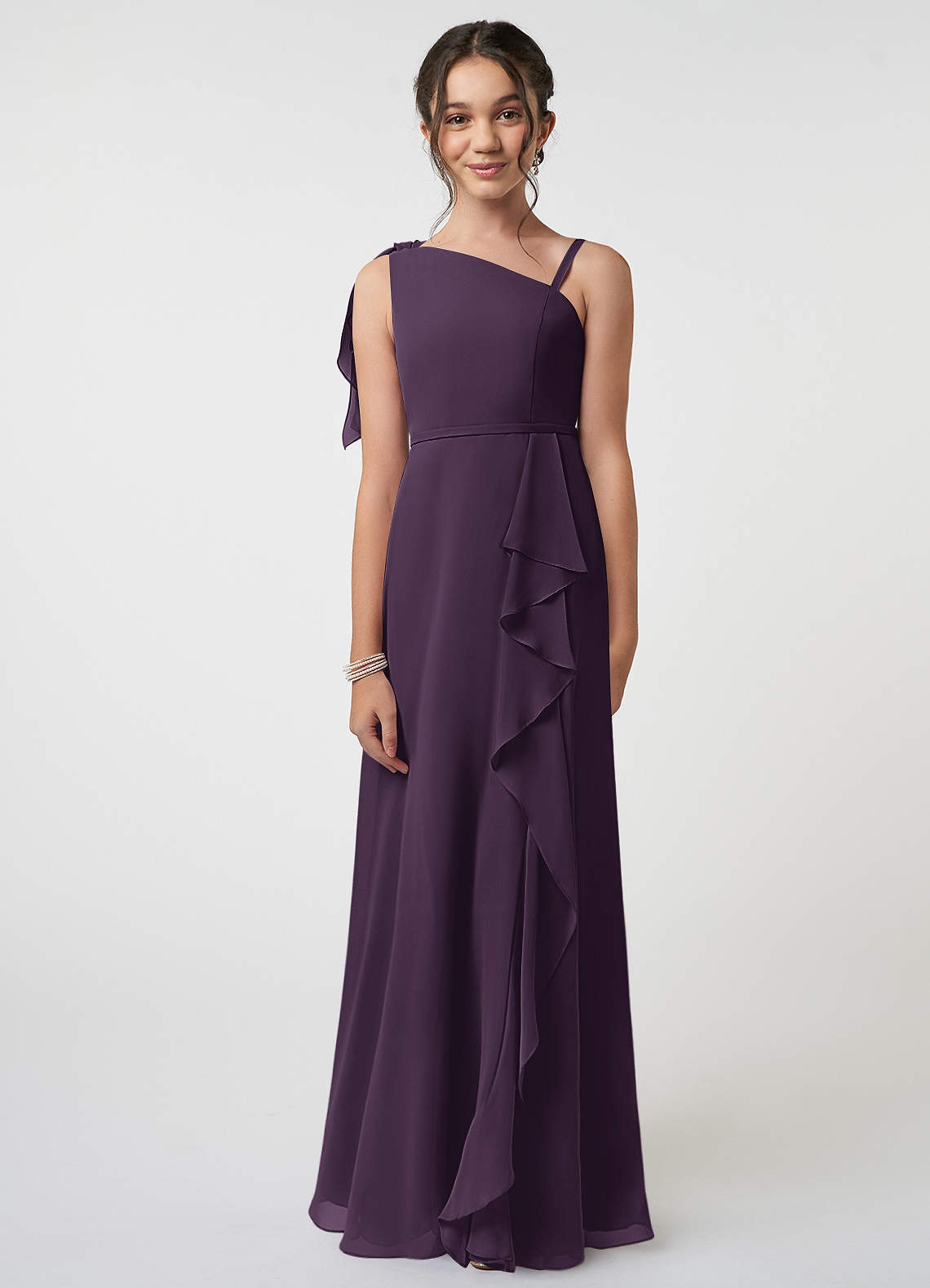 Azazie Aidy Junior A-Linie Schleifen Chiffon Kleid Pflaume image1
