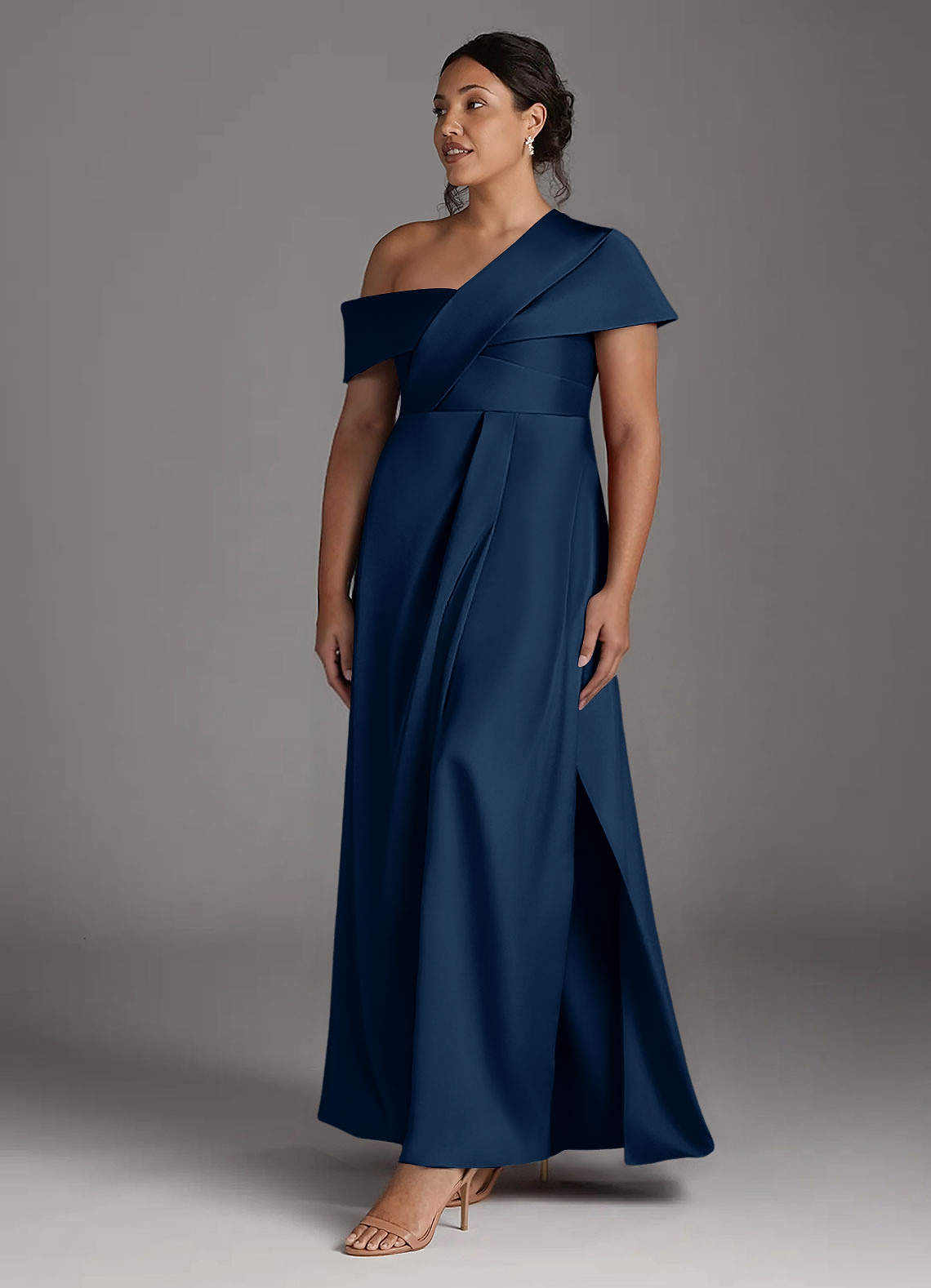 Azazie Milton Mother of the Bride Dresses Dark Navy A-Line Pleated Stretch Satin Dress image10
