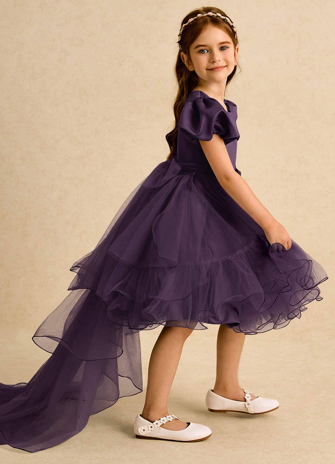 Azazie Cocoa Abiti da Ragazza di Fiori Abito Principessa in Tulle Plissettato Prugna image1