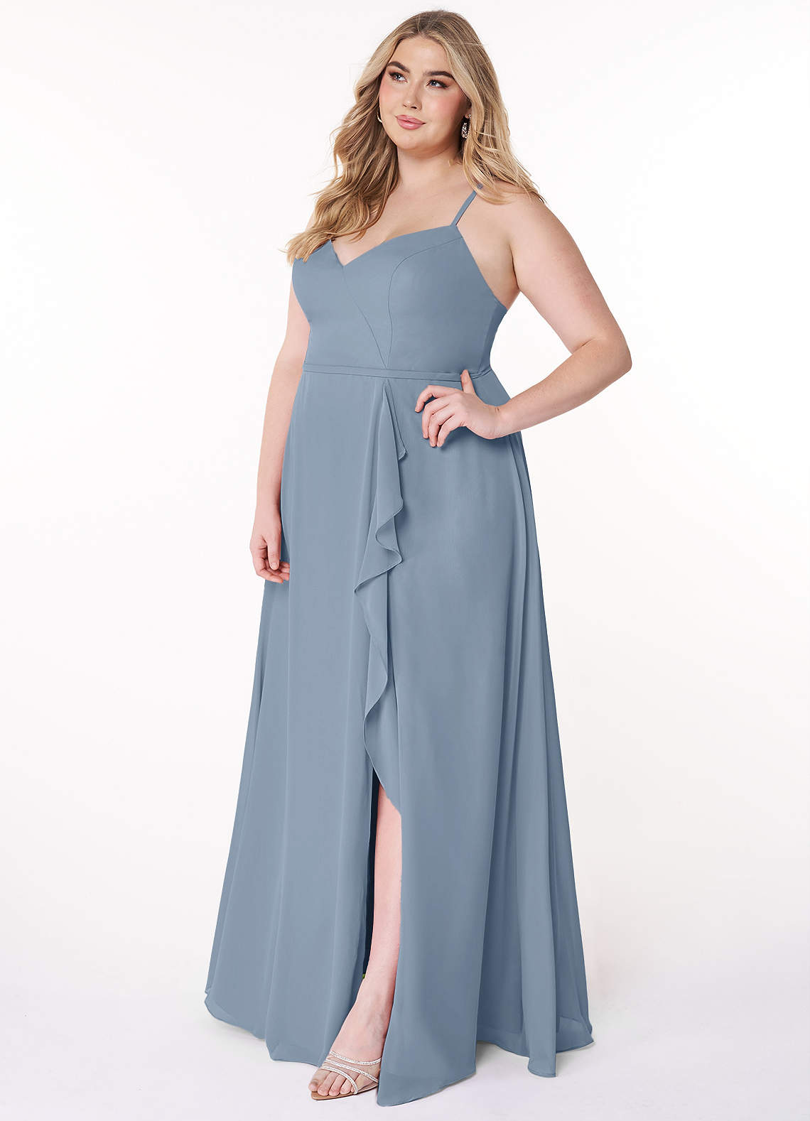 Azazie Naeem Bridesmaid Dresses Dusty Blue A-Line V-Neck Ruffle Chiffon Dress image9
