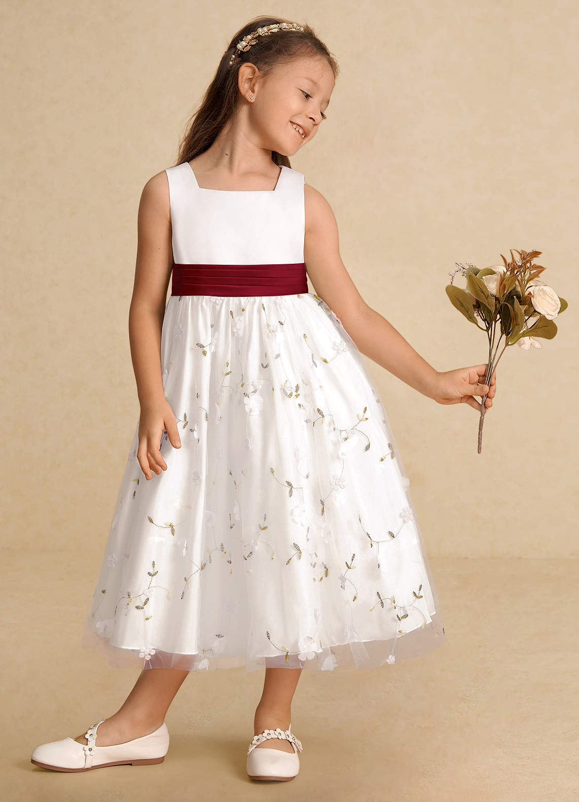 Azazie Pollie Flower Girl Dresses Ivory Burgundy A-Line Bow Tulle Dress image3