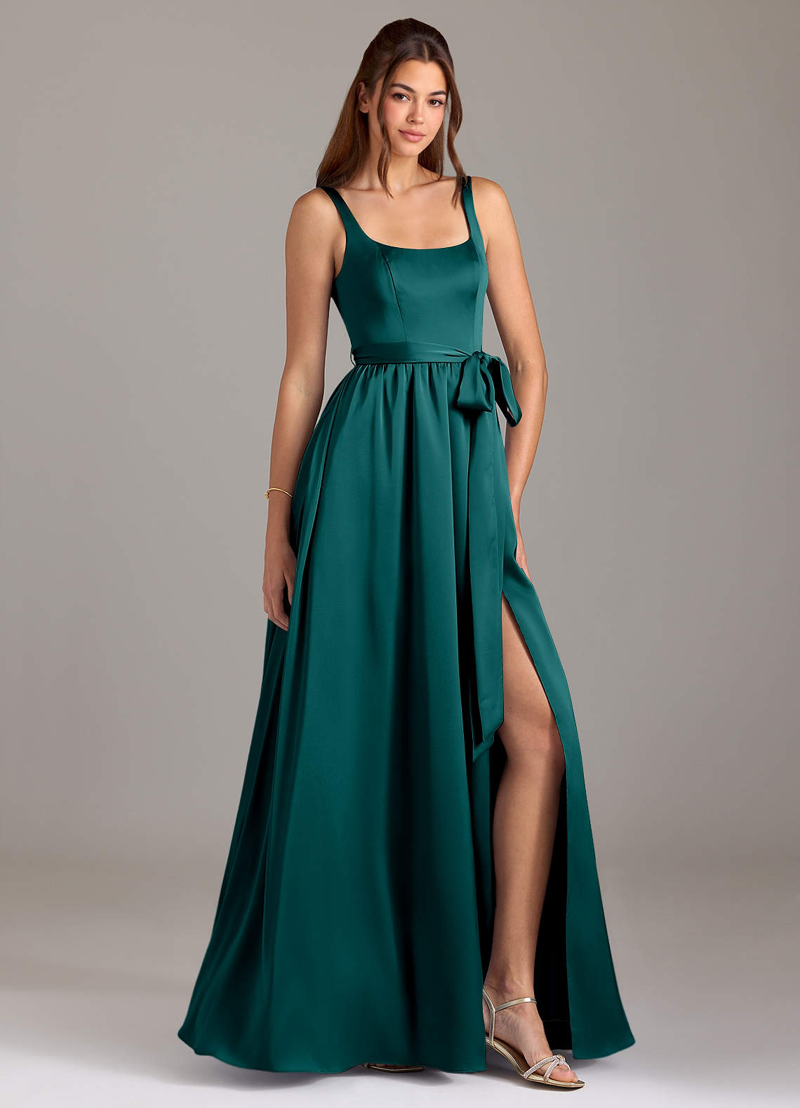 Azazie Elliott Bridesmaid Dresses Peacock A-Line with Pockets Stretch Satin Dress image1