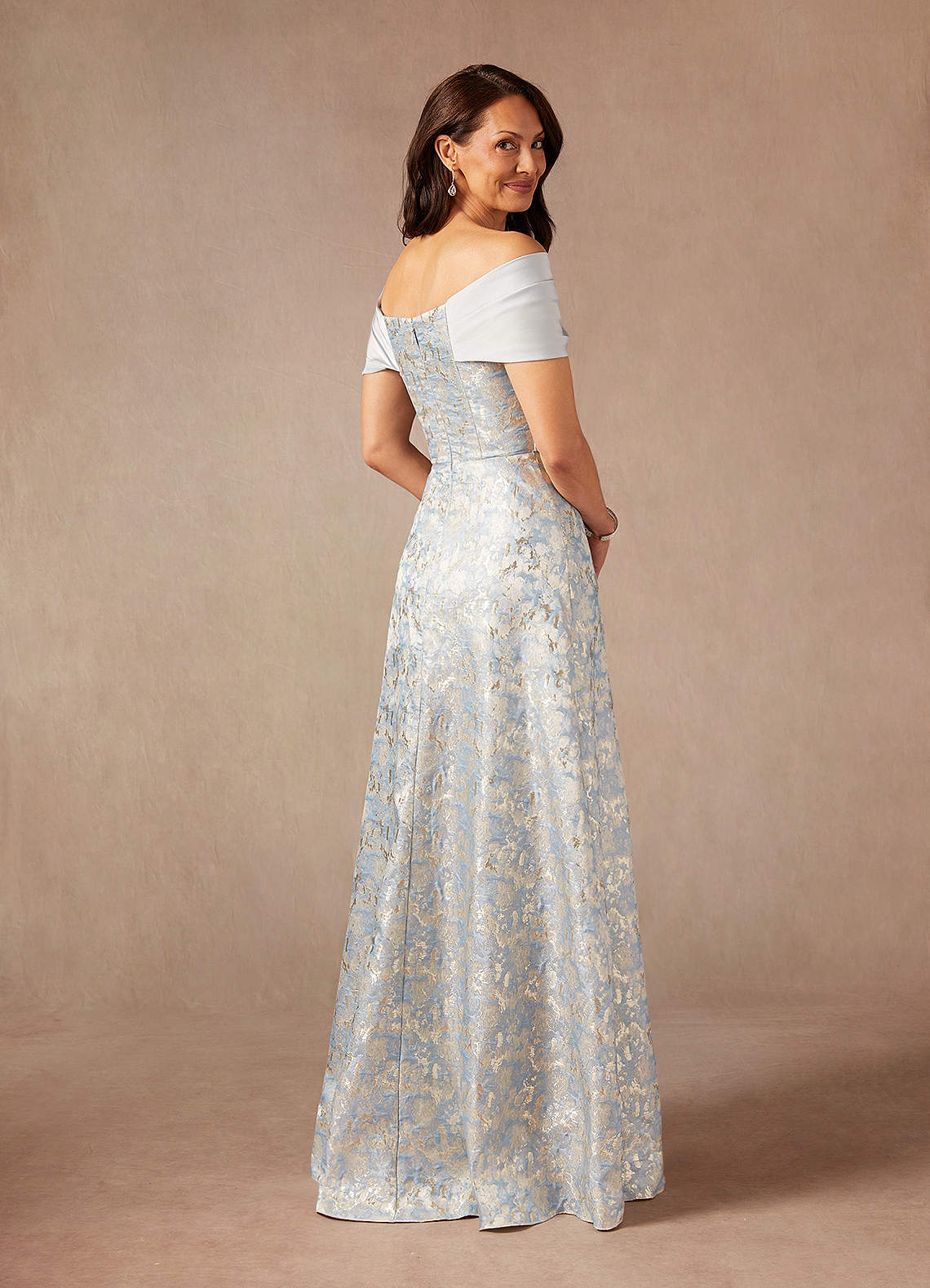 Azazie Amelia Mother of the Bride Dresses Dusty Blue A-Line Off the Shoulder Jacquard Dress image1